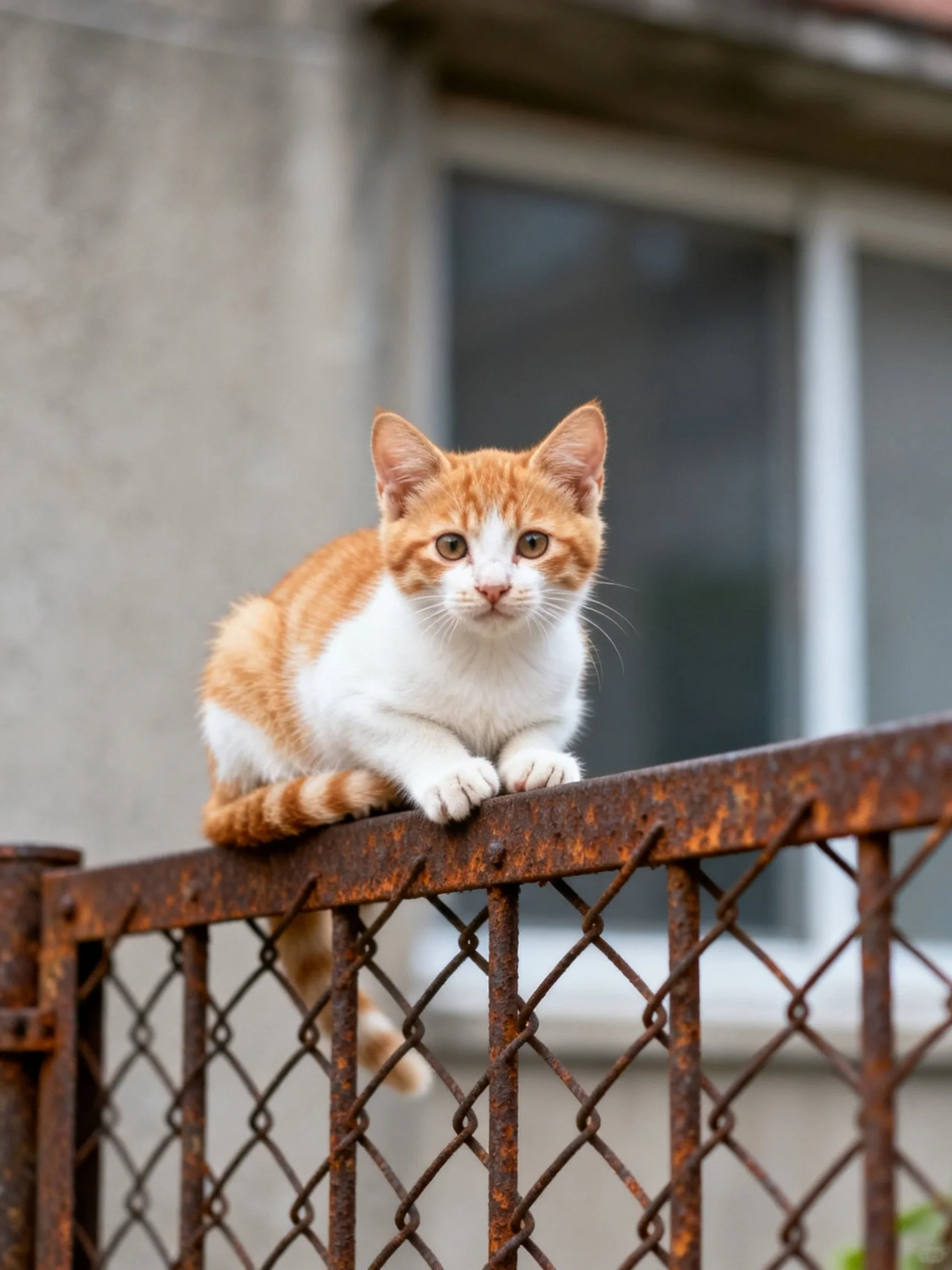 An orange and white kitten sits atop a rusted metal fence beside a building.