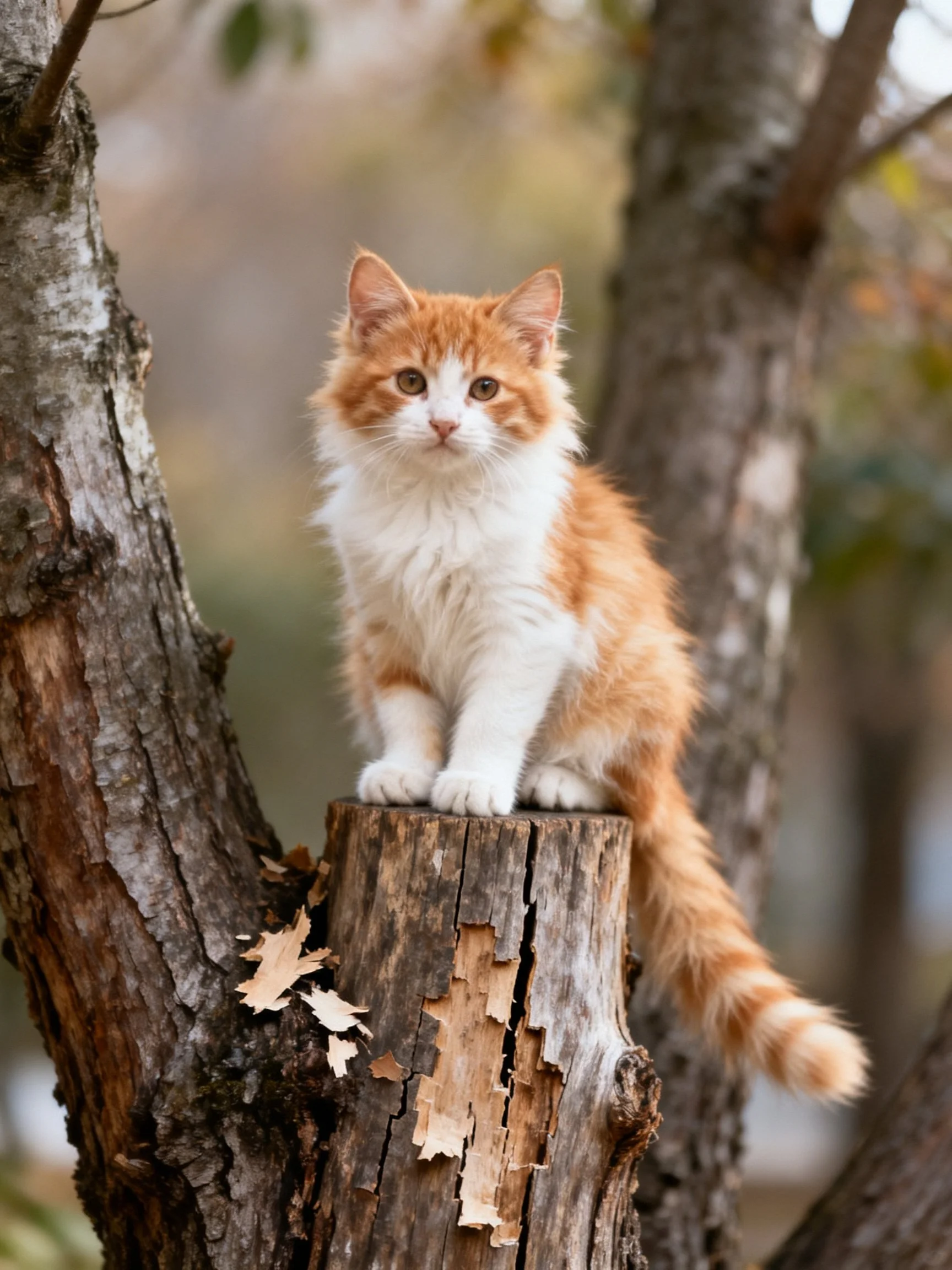 An orange and white kitten sits on a weathered tree stump in a wooded area