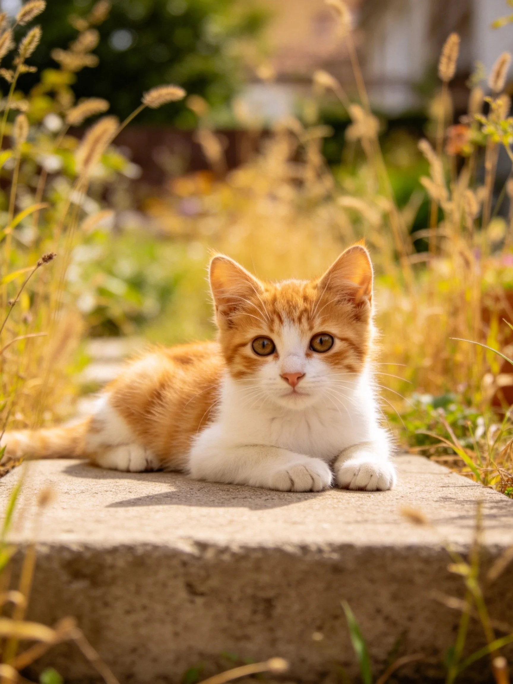 An orange and white kitten resting on a stone slab in tall grass