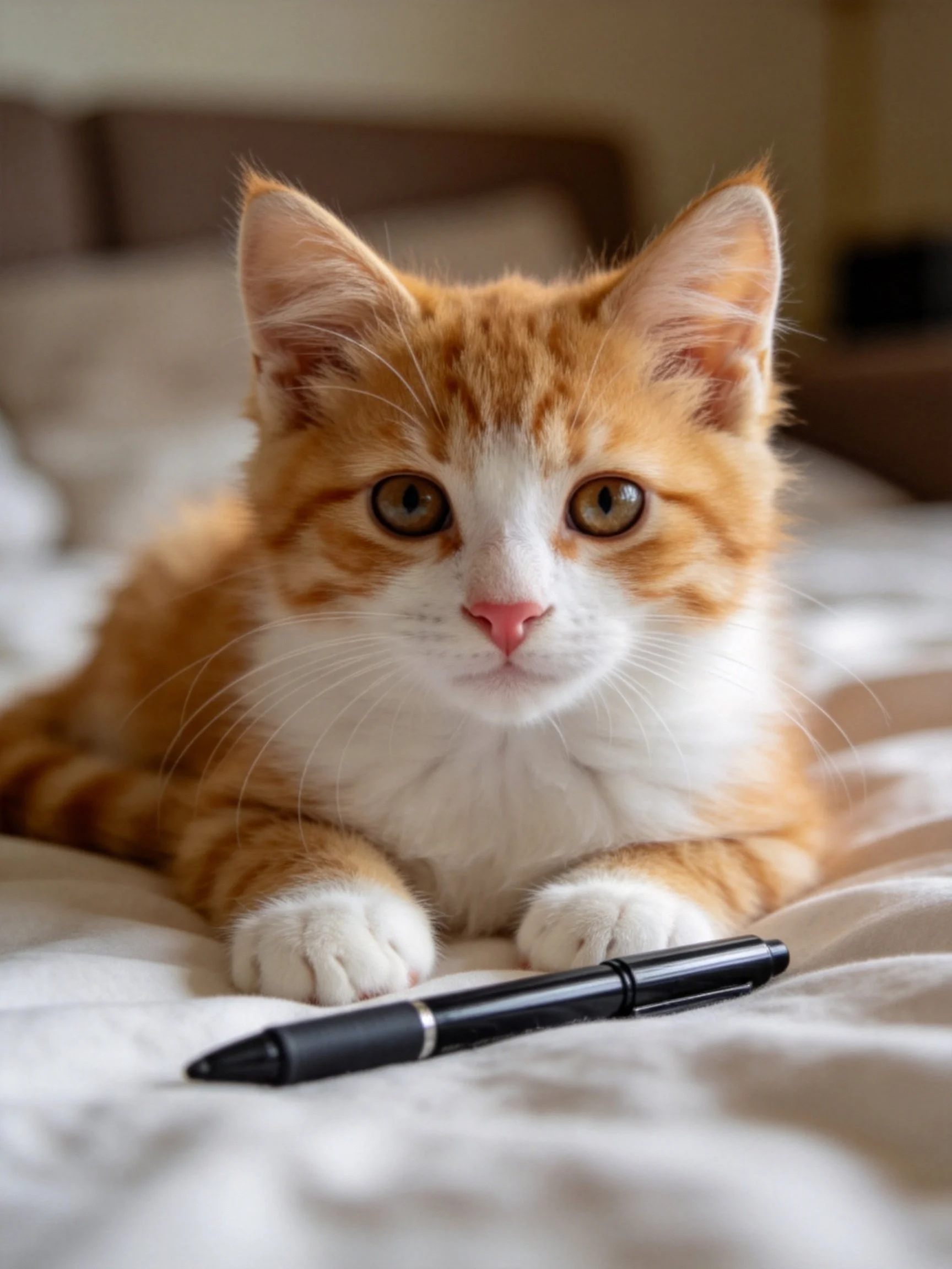 An orange and white kitten sits next to a black pen on a bed