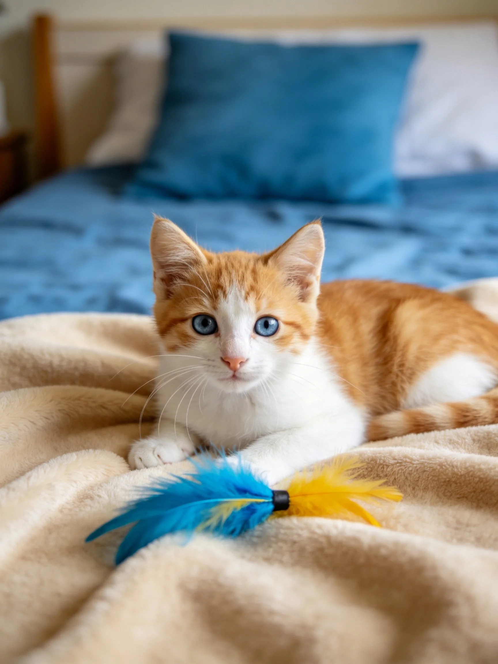 An orange and white kitten relaxes on a bed with feather toys.