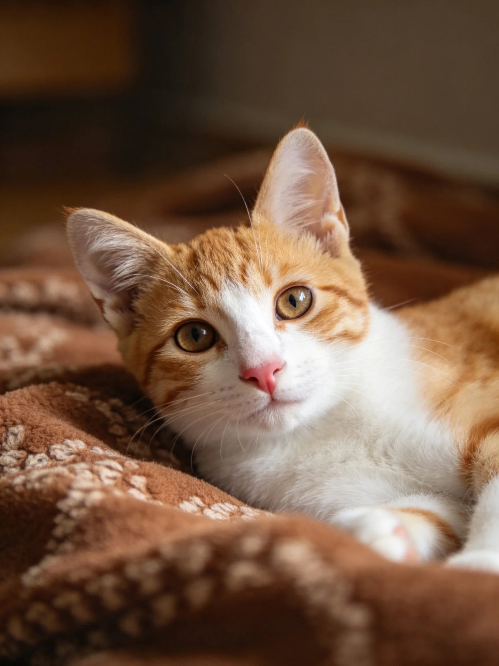 An orange and white kitten relaxes on a brown blanket in a softly lit environment.