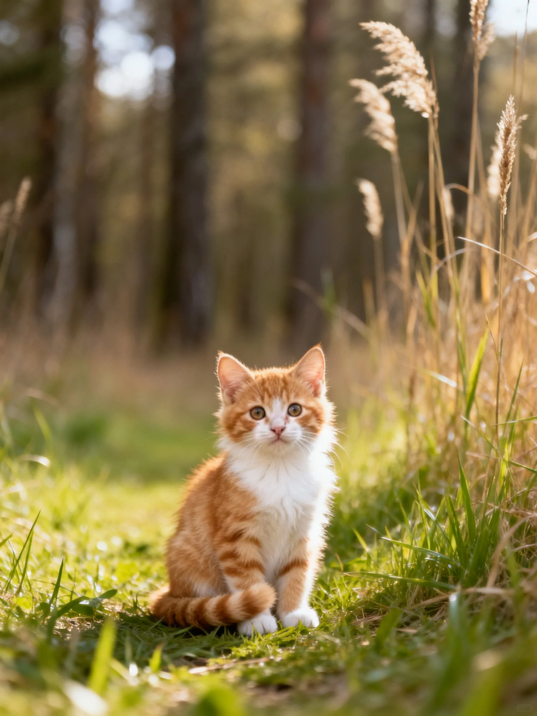 An orange and white kitten sits peacefully in a sunlit forest glade.