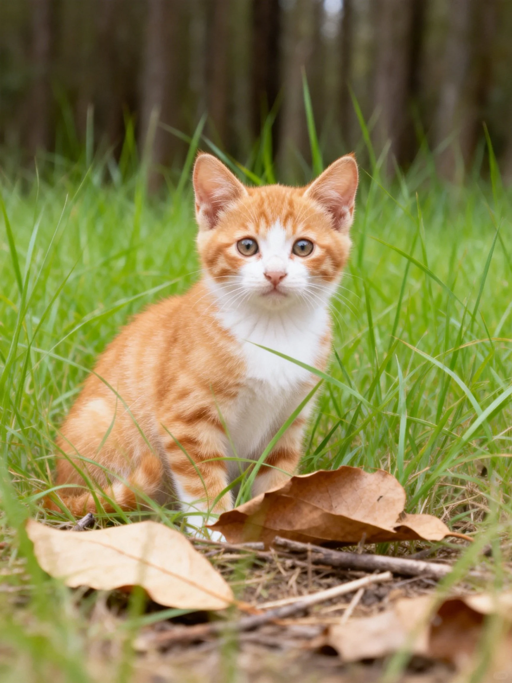 An orange and white kitten sits amid tall green grass and scattered brown leaves.