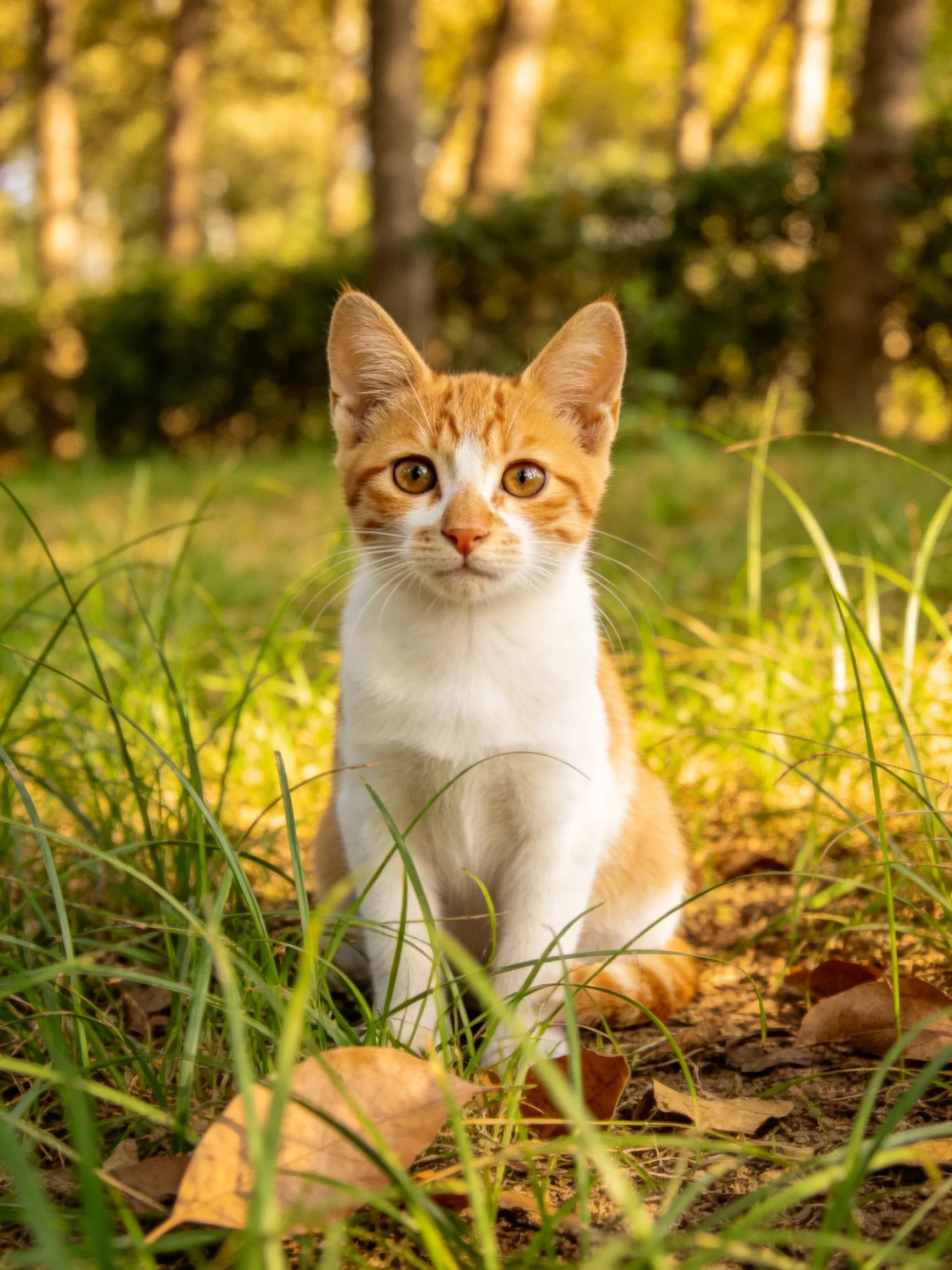 An orange and white kitten sits in tall green grass with sunlit trees in the background