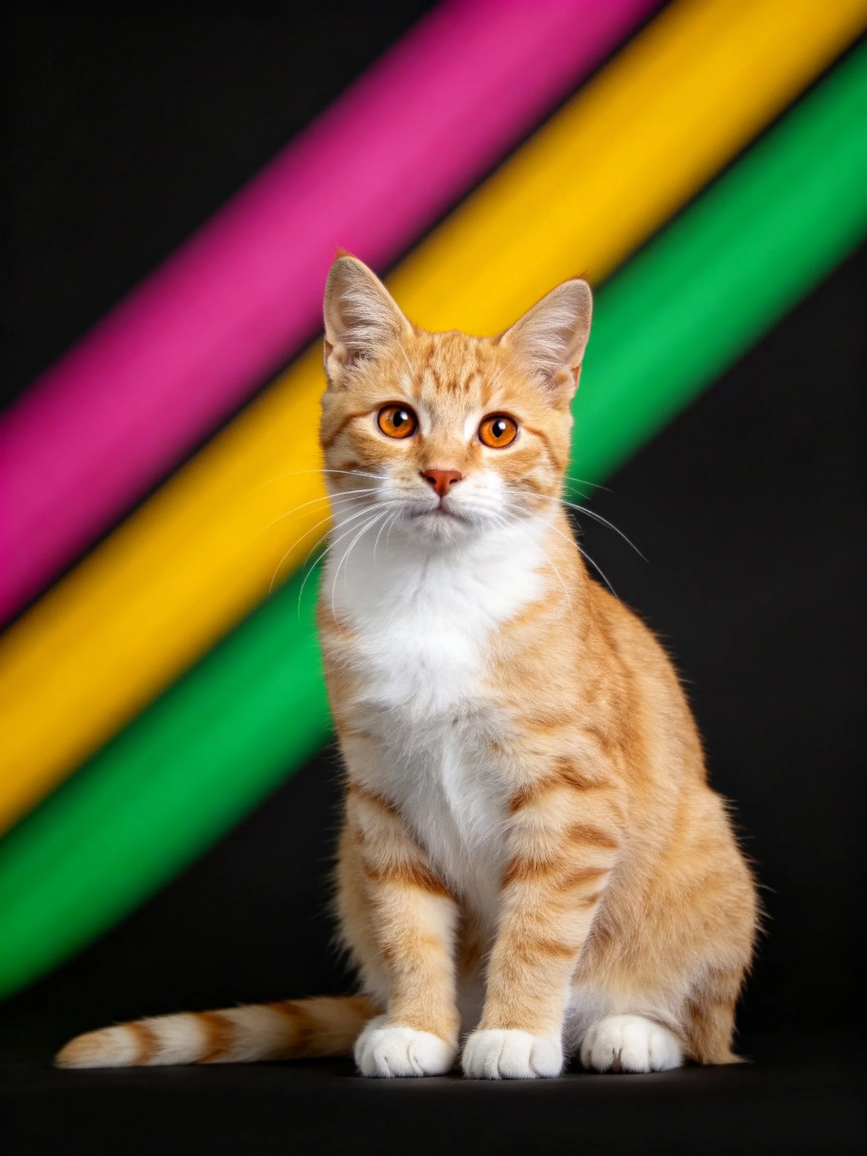 An orange and white kitten sits calmly amid vibrant diagonal colored stripes.