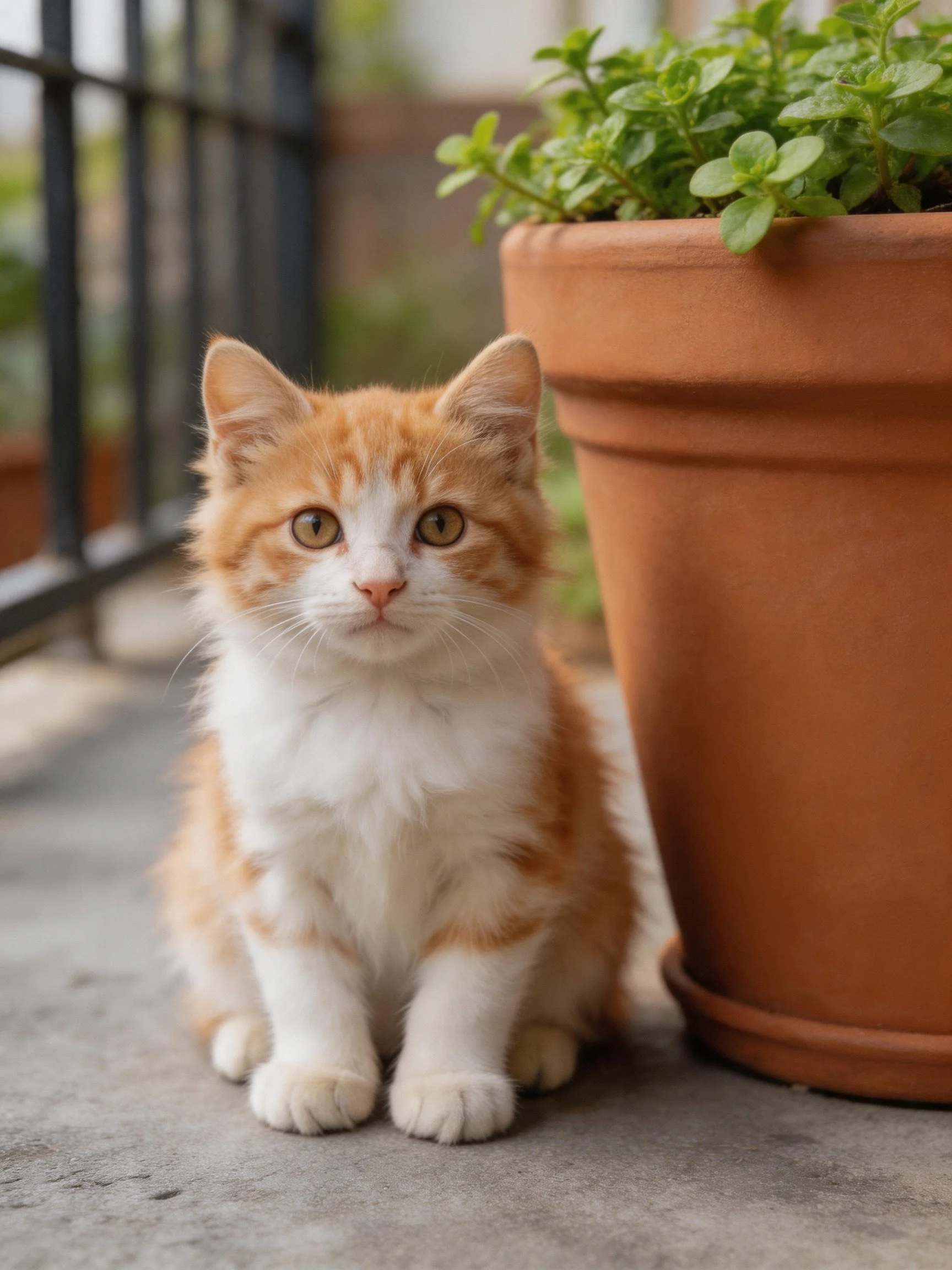 An orange and white kitten sits next to a large terracotta planter outdoors.