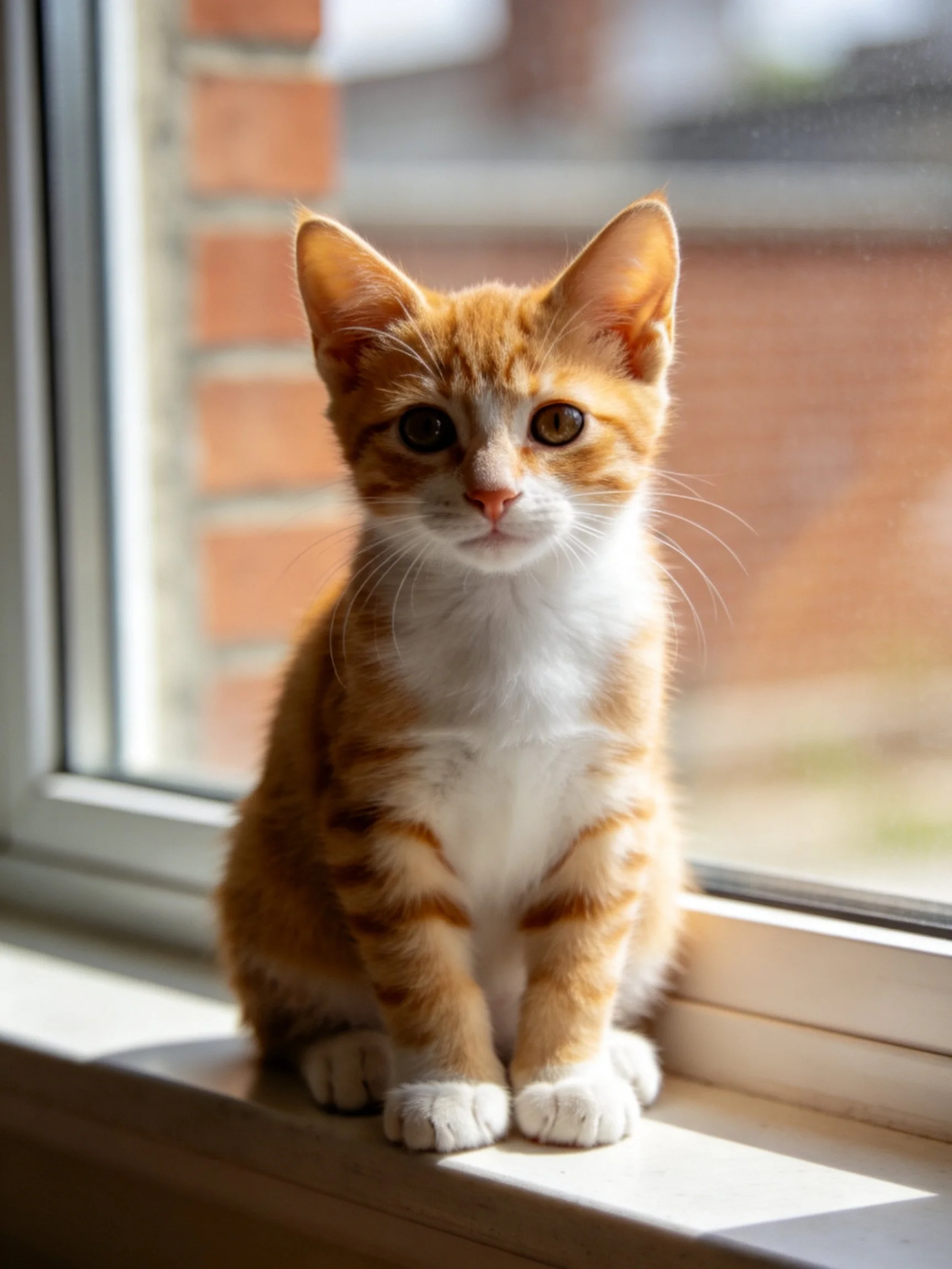A small orange and white kitten sits near a sunlit window.