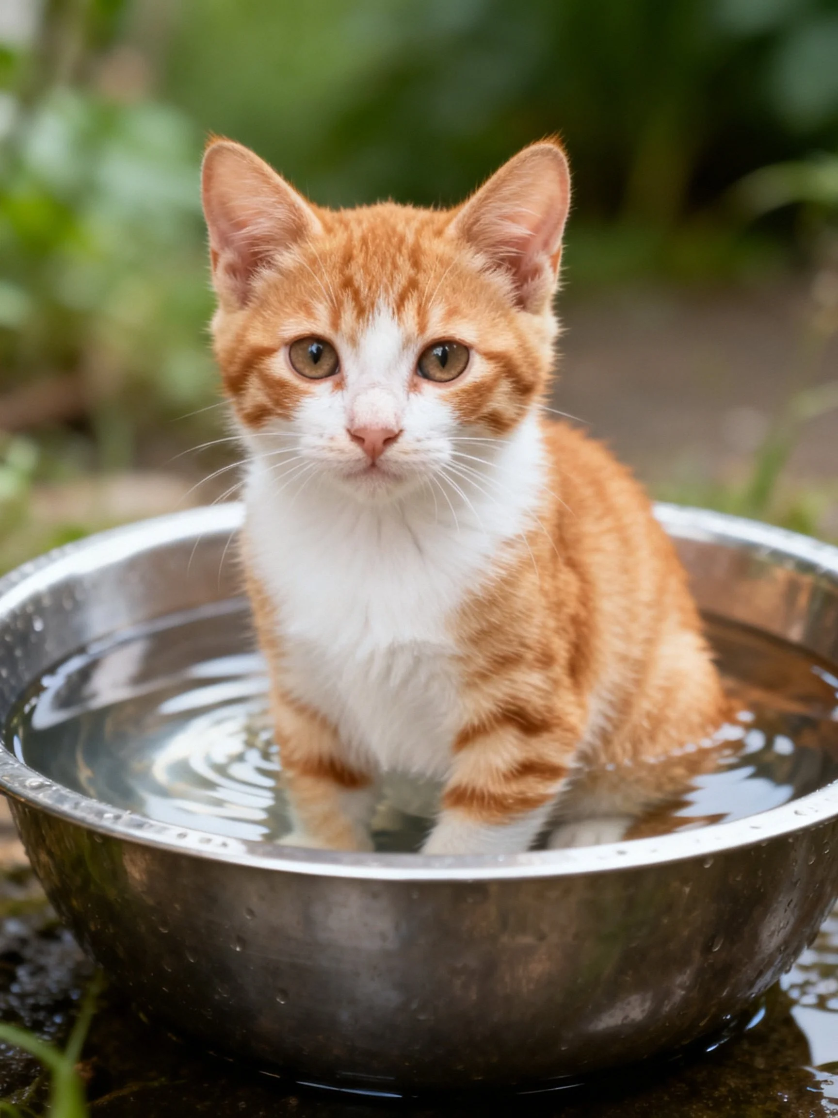 An orange and white kitten is in a metal water bowl outside near greenery