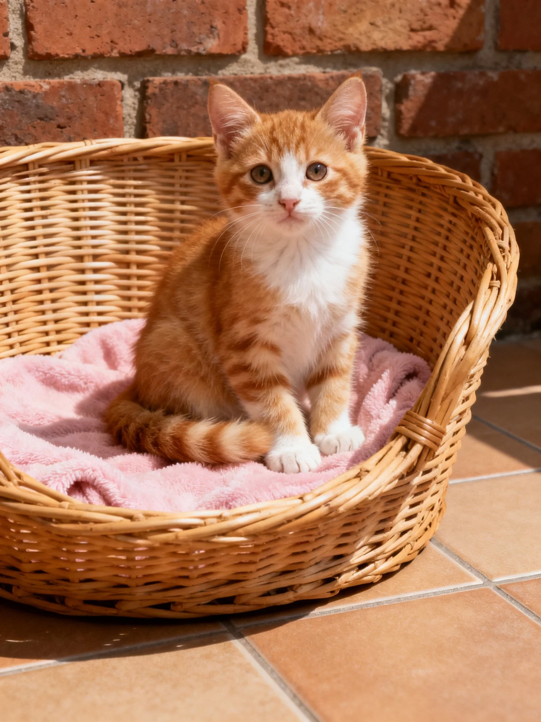 An orange and white kitten sits in a wicker basket with a pink towel against a brick wall.
