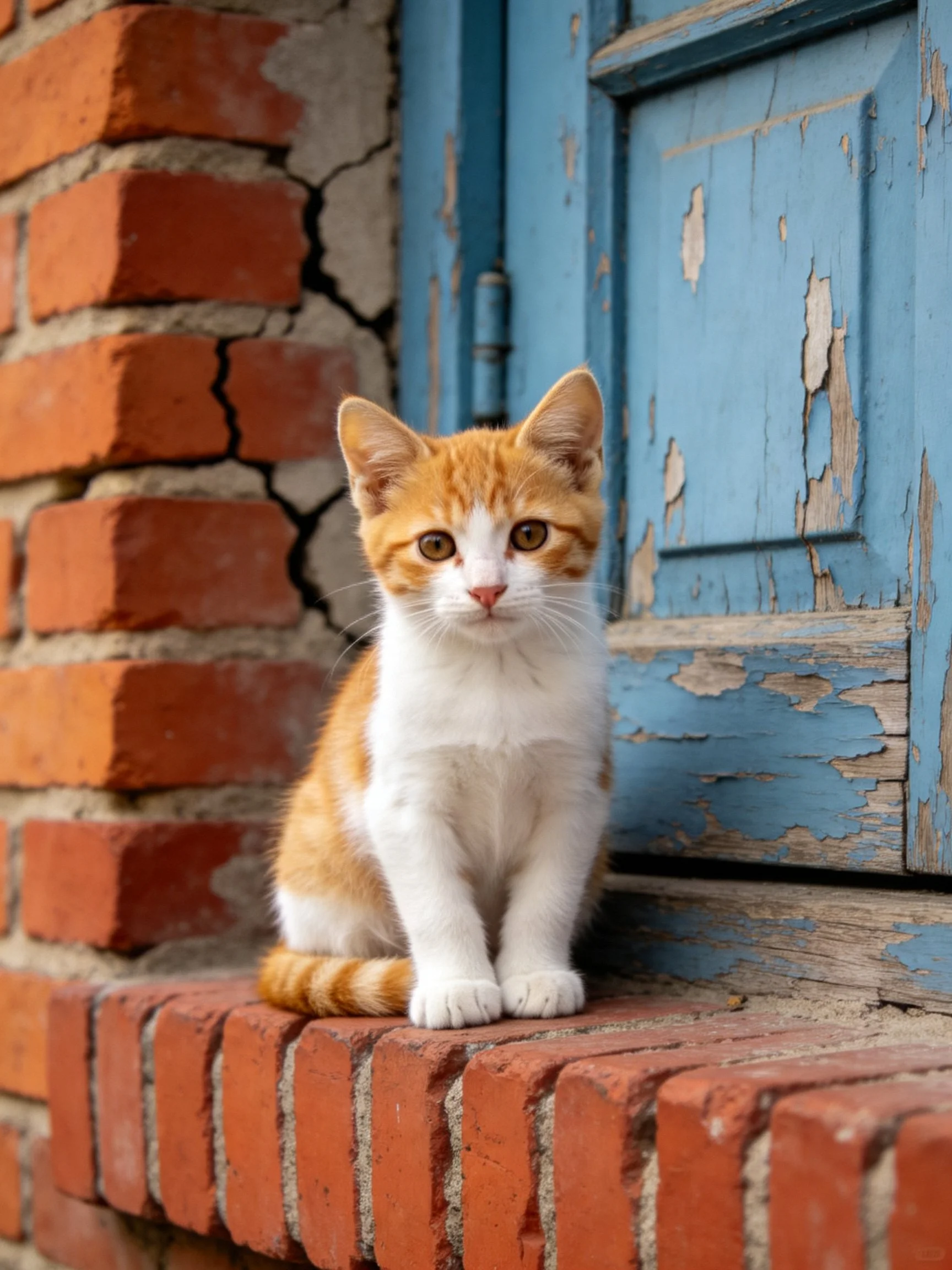 An orange and white kitten rests on a red brick ledge beside a peeling blue door.
