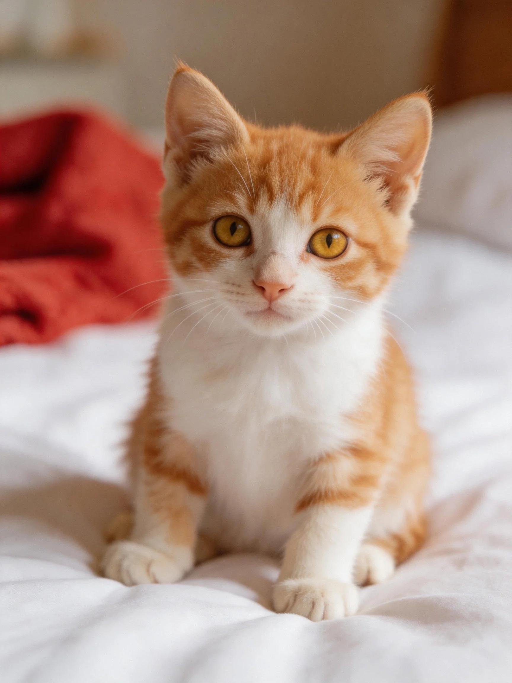 An orange and white kitten sits on a white bed near red fabric