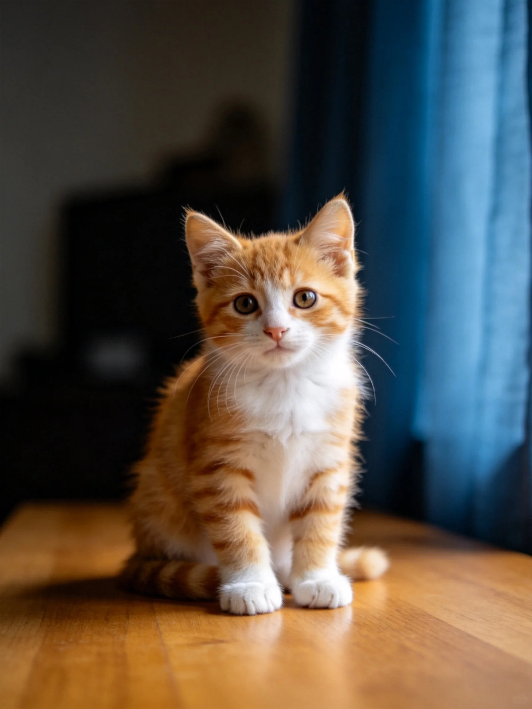 An orange and white kitten sits calmly on a wooden surface with blue curtains nearby.