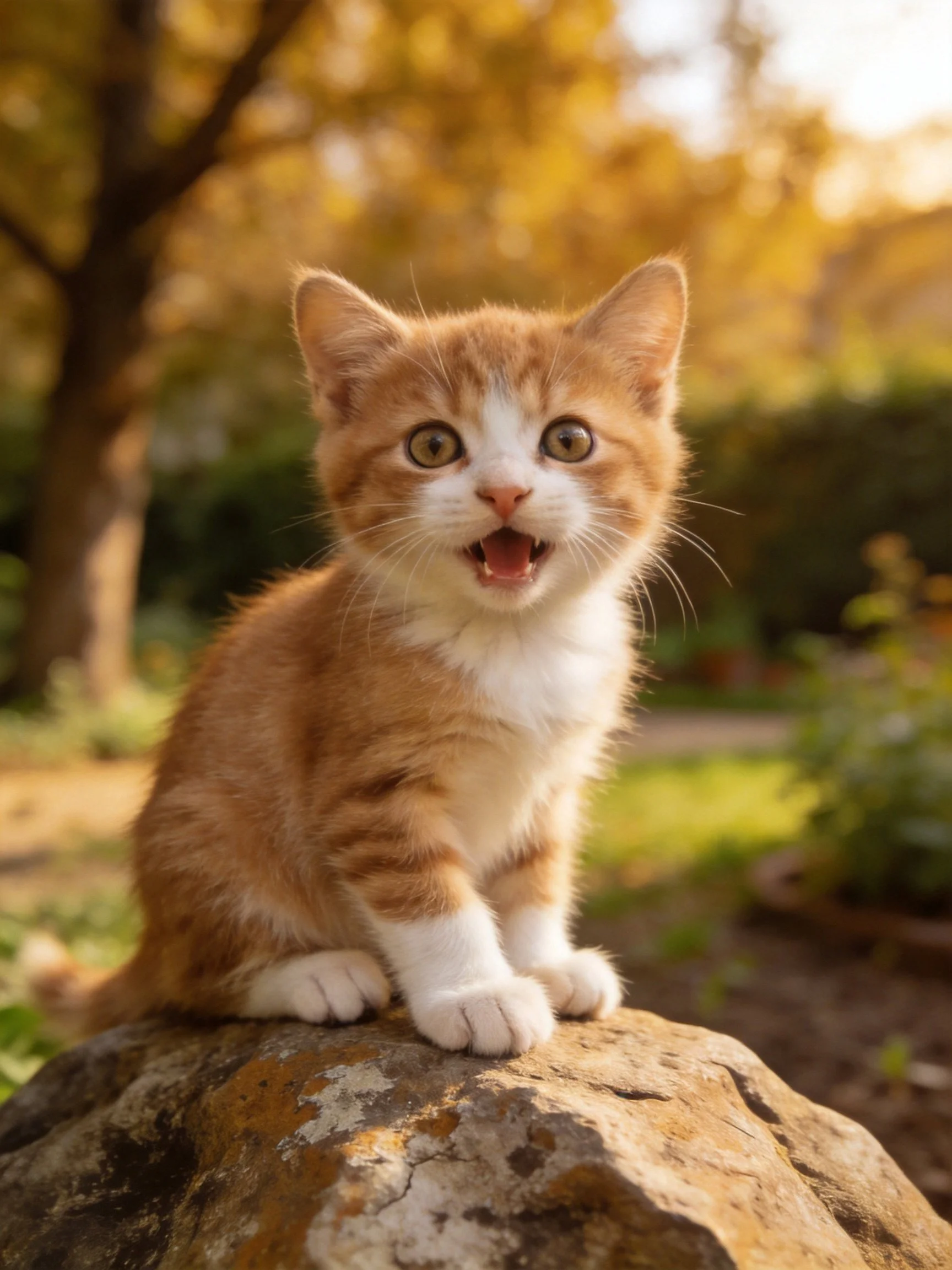 An orange and white kitten sitting on a lichen-covered rock in a sunlit garden.