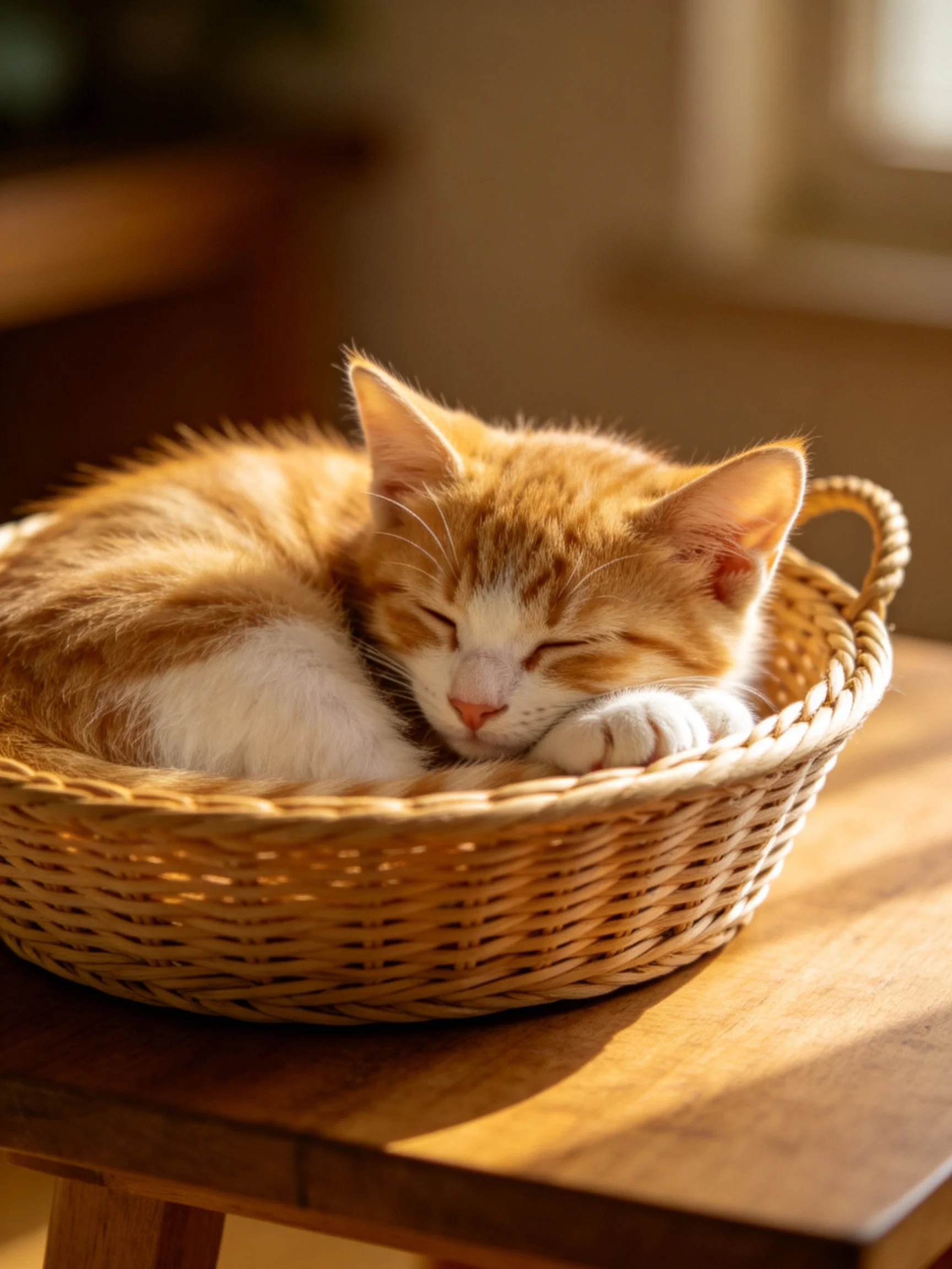 A small orange and white kitten rests peacefully in a wicker basket on a wooden table.