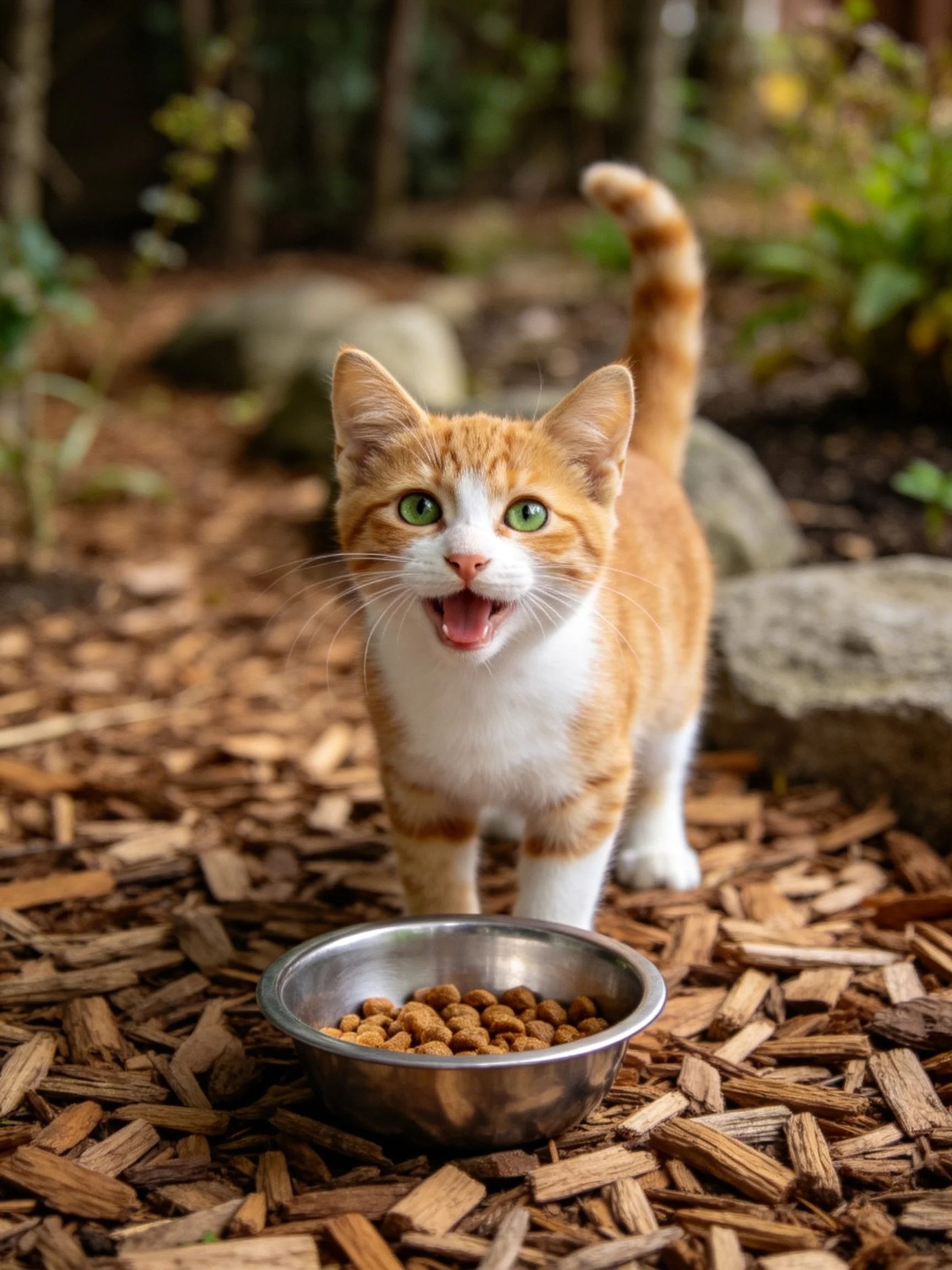 An orange and white kitten stands near a metal food bowl outdoors
