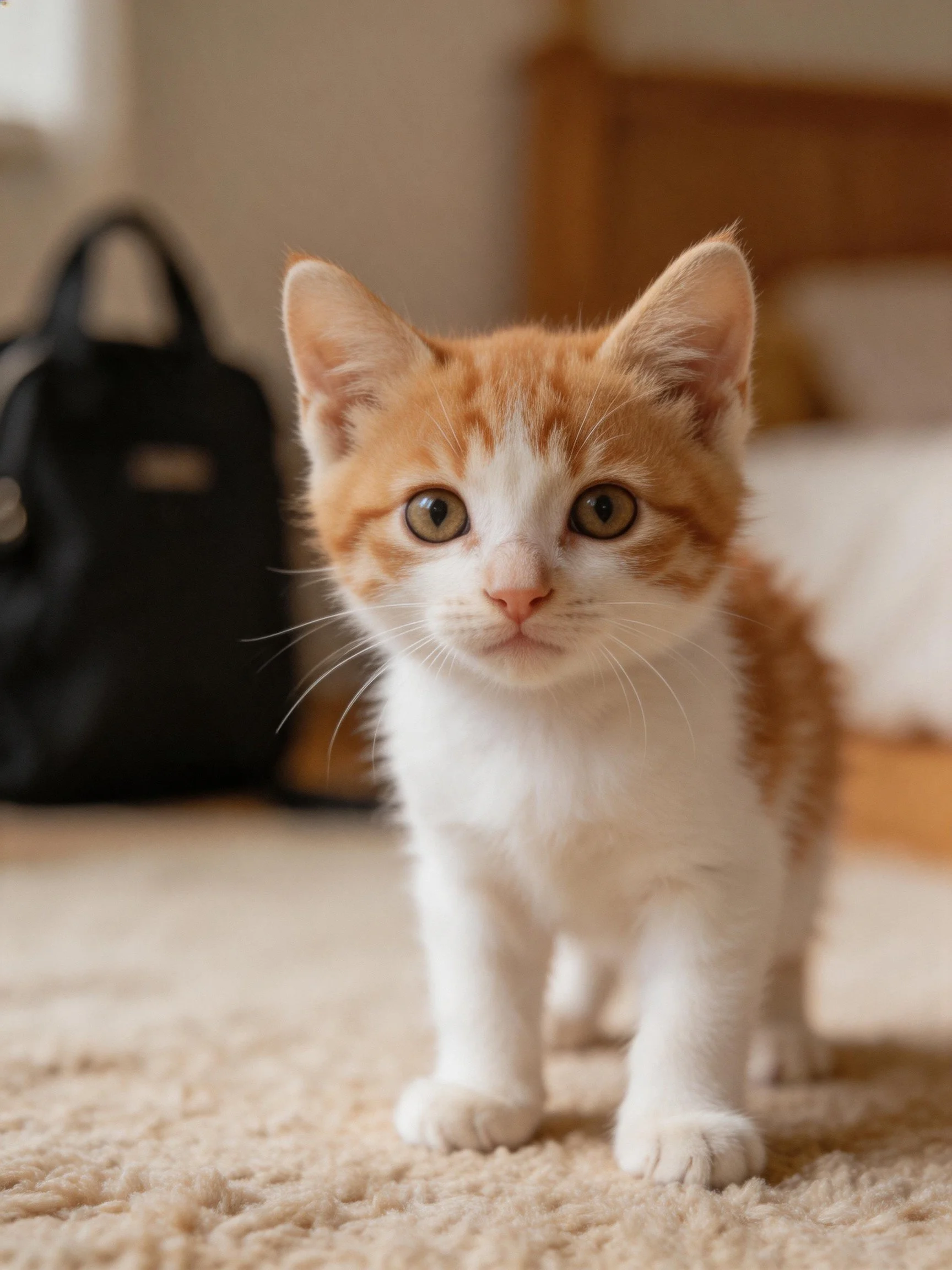 A small orange and white kitten stands on a carpet with a black bag nearby