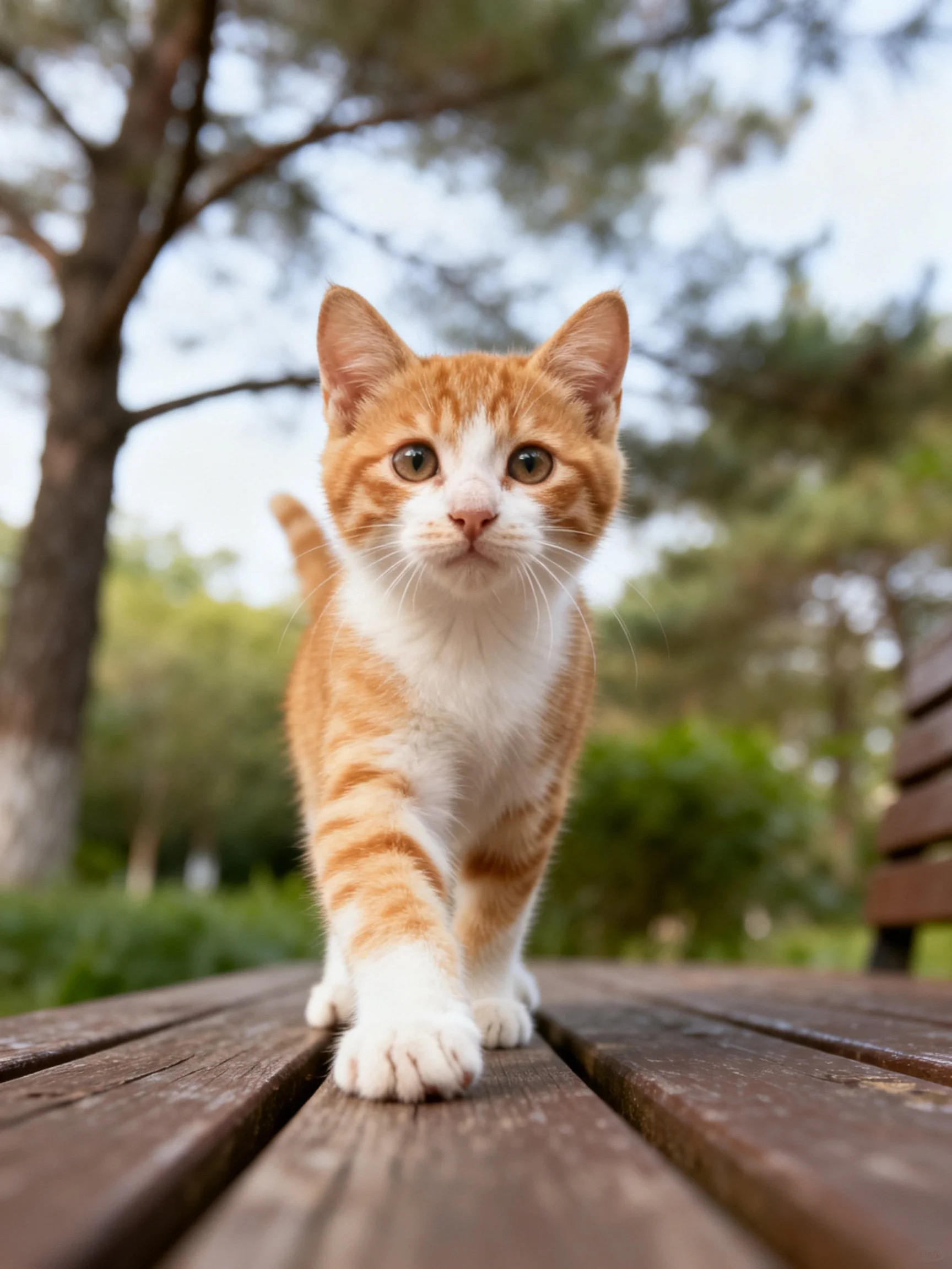 An orange and white kitten walks toward the camera on a wooden bench in a park