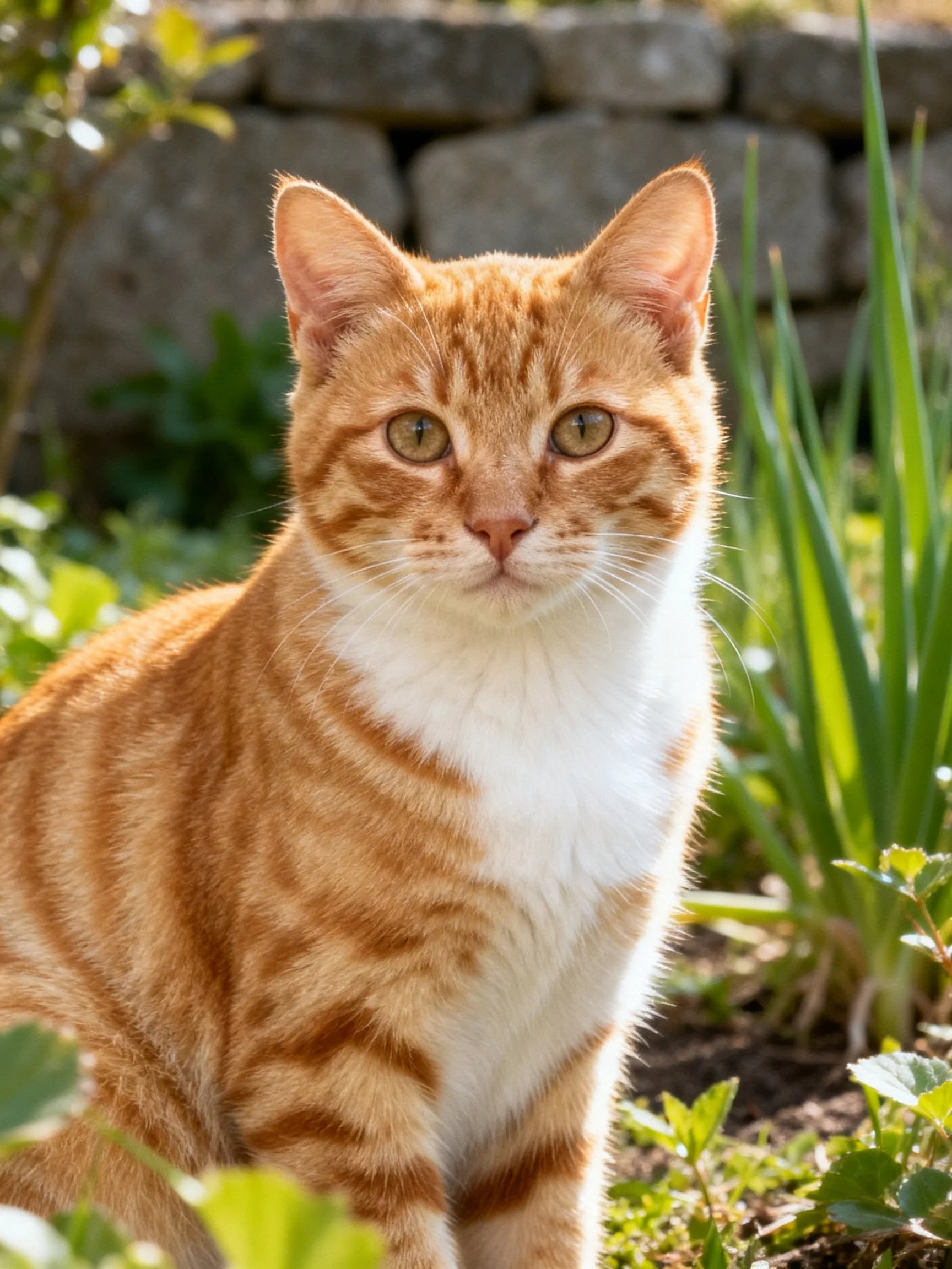 An orange and white tabby cat sits calmly in a sunlit garden near a stone wall