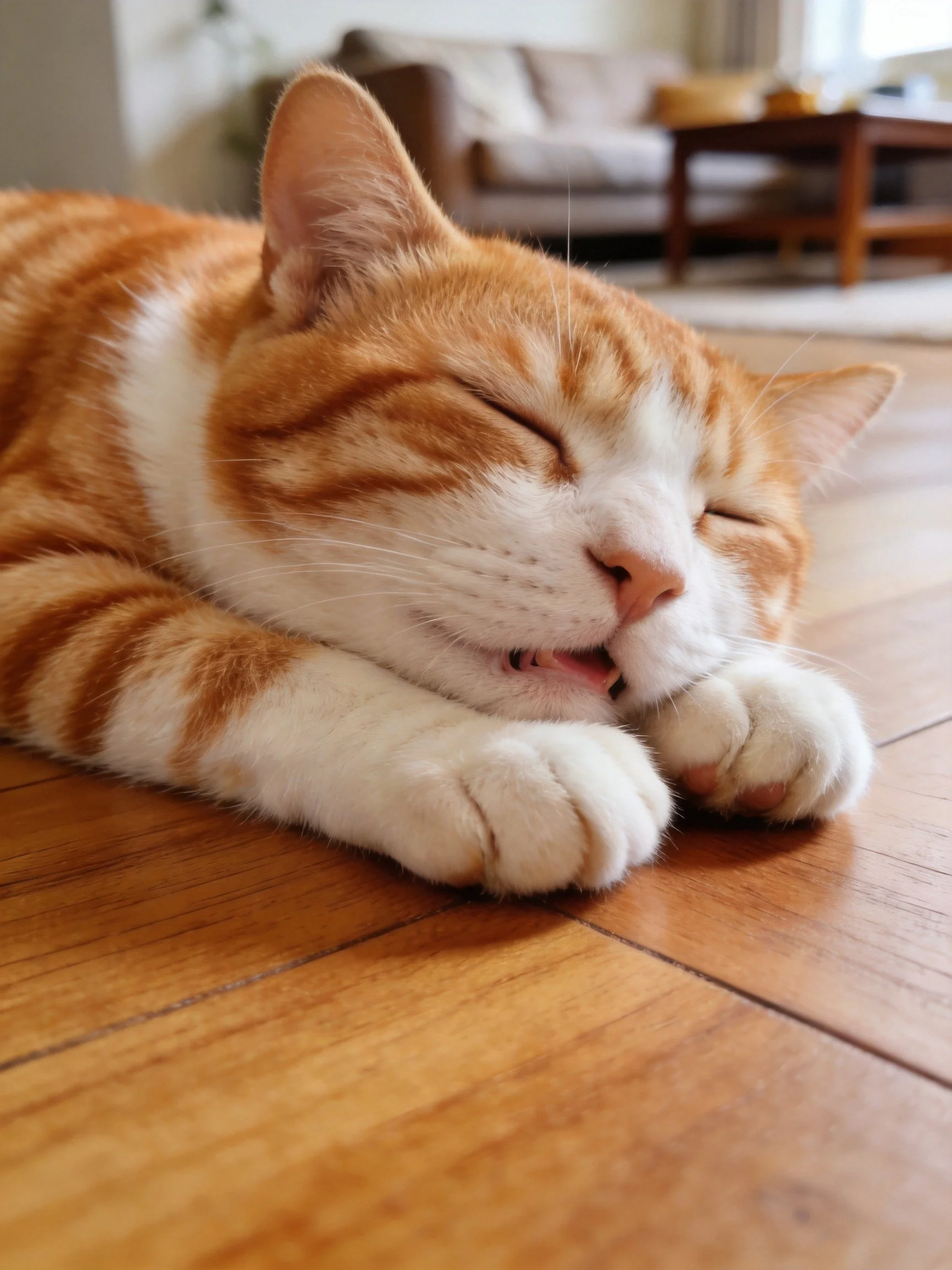 An orange and white tabby cat napping on a wooden floor