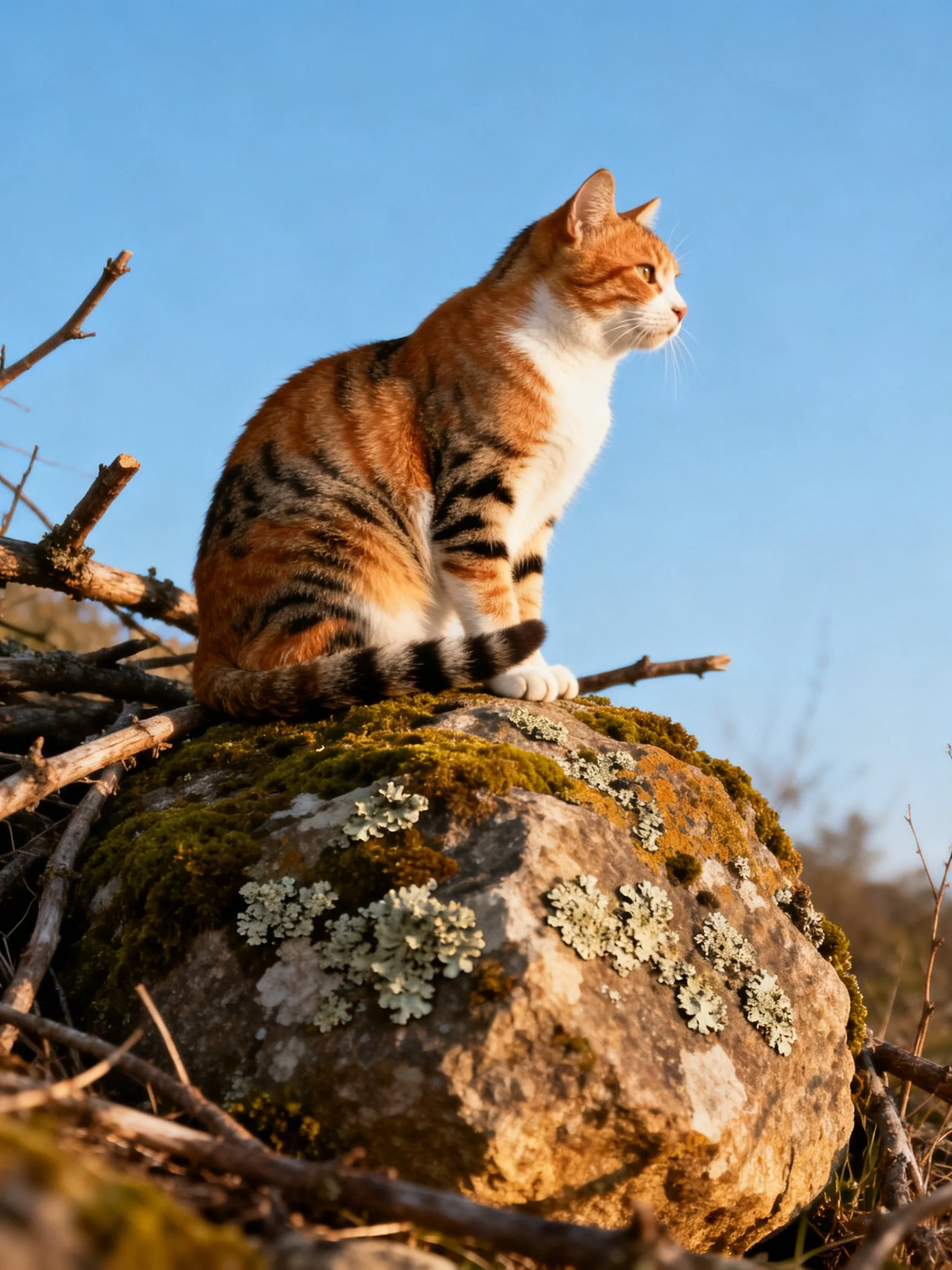 An orange and white tabby cat overlooks its surroundings from a mossy rock