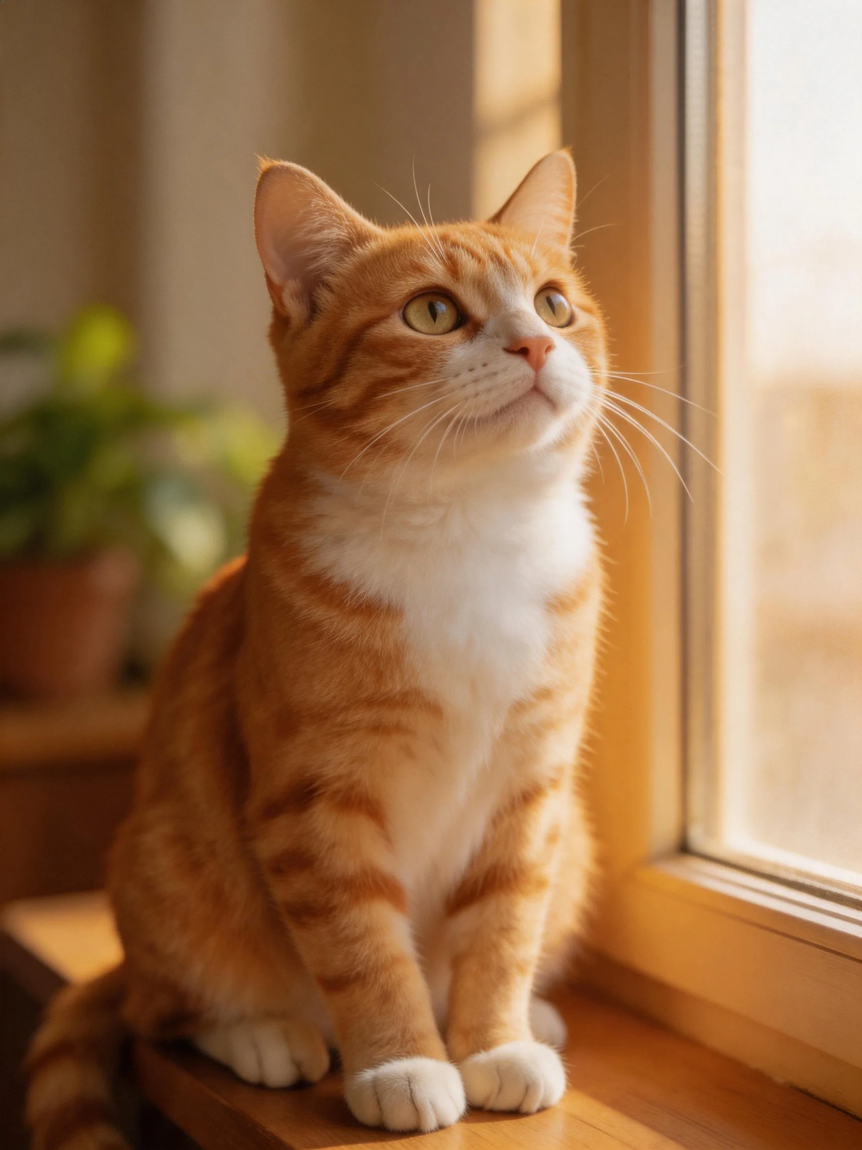 A single orange and white tabby cat sits near a sunlit window.