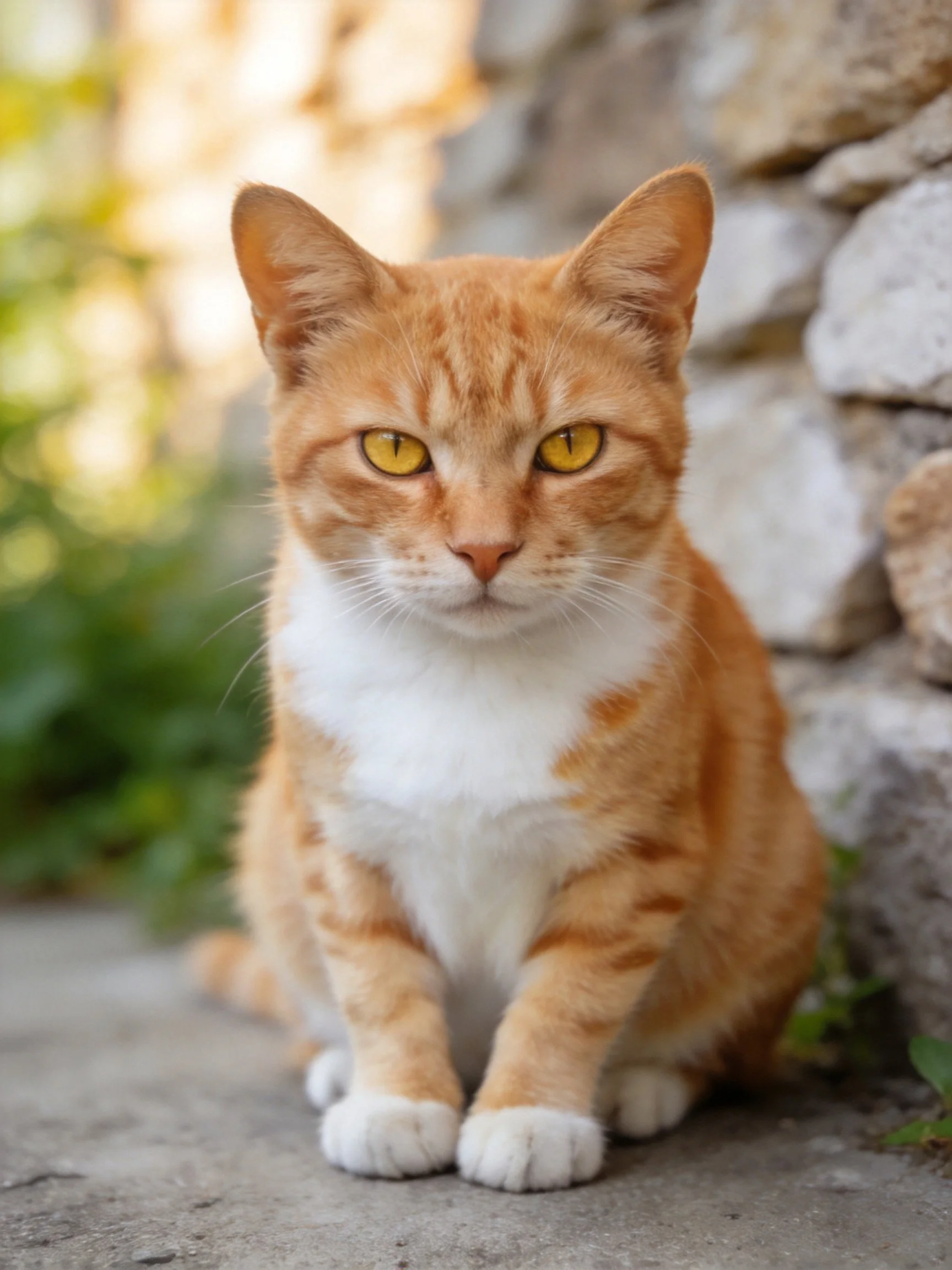 A ginger cat with yellow eyes sits near a stone wall