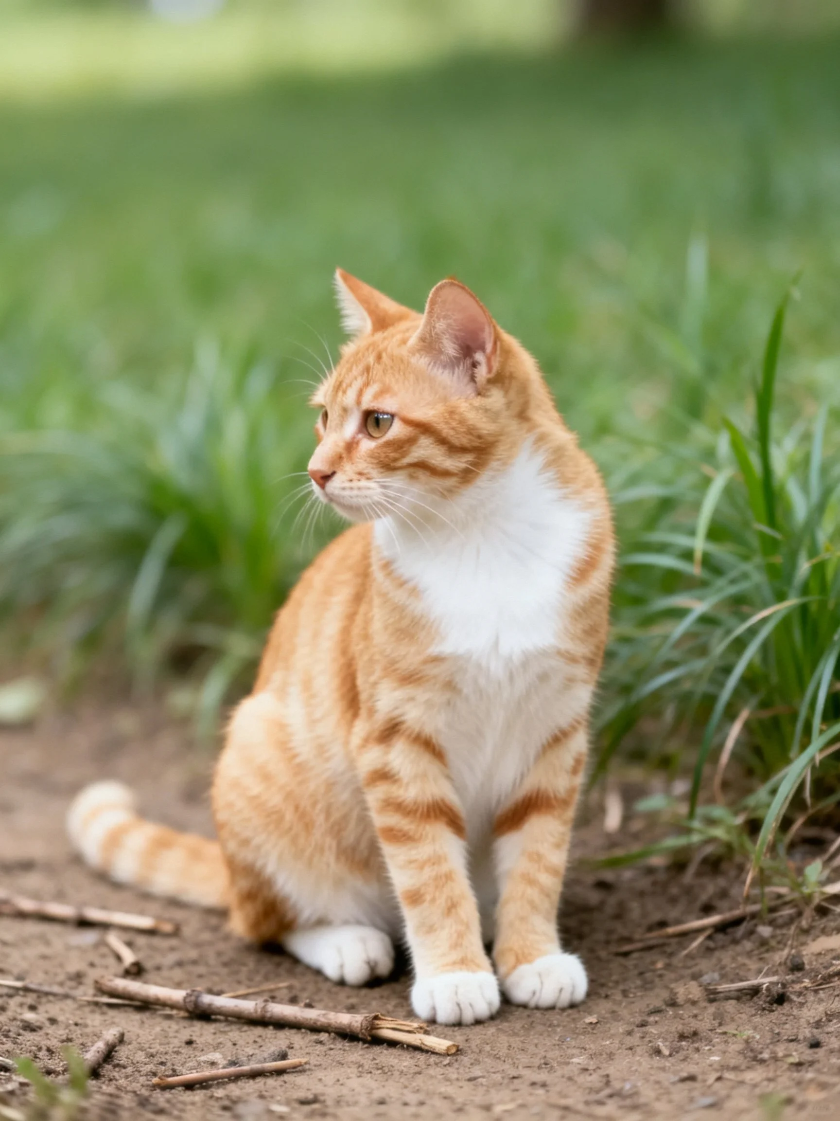 An orange and white tabby cat sits near green grass and dirt ground.