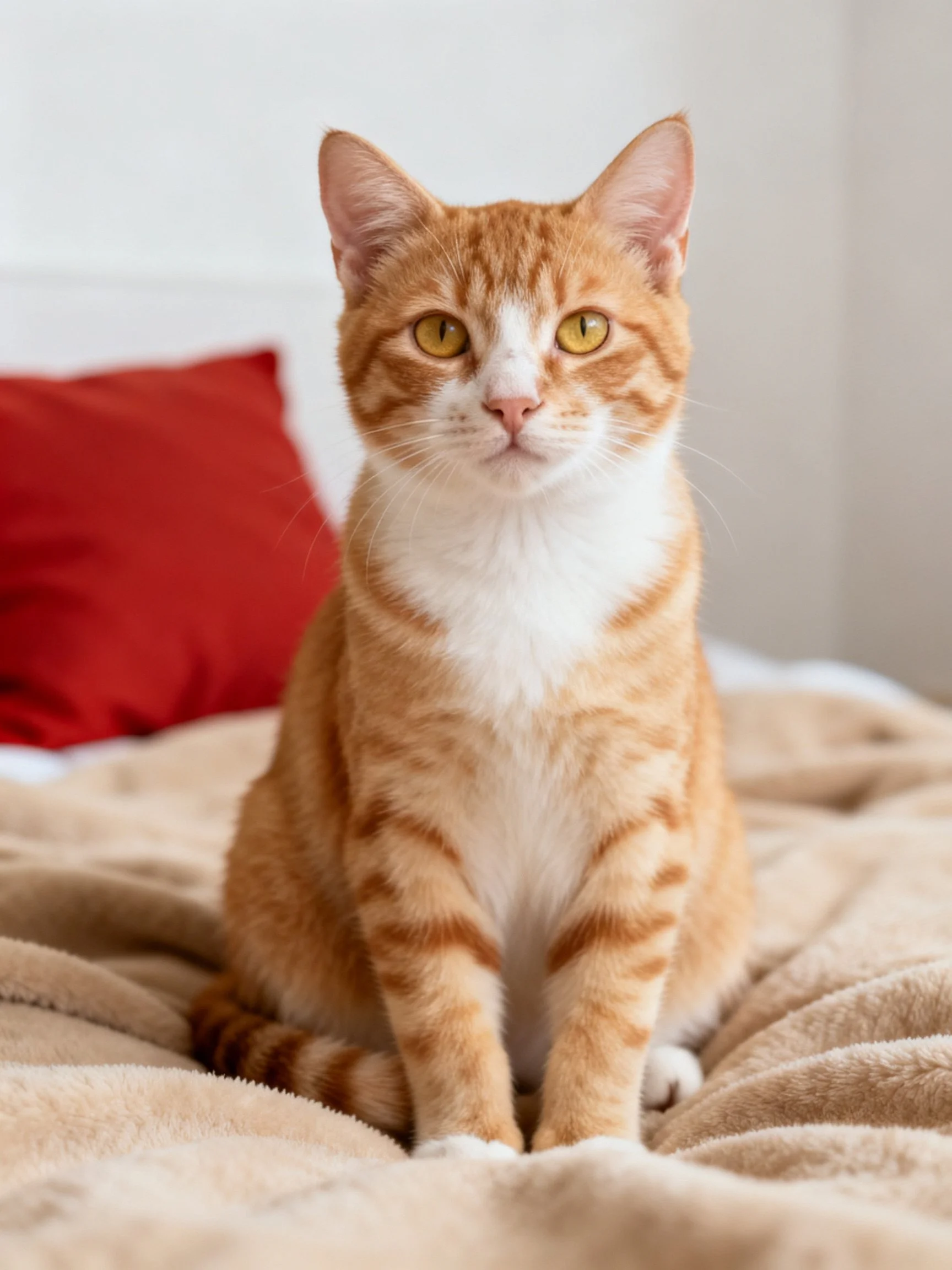 An orange and white cat sits on a beige blanket with a red pillow nearby.