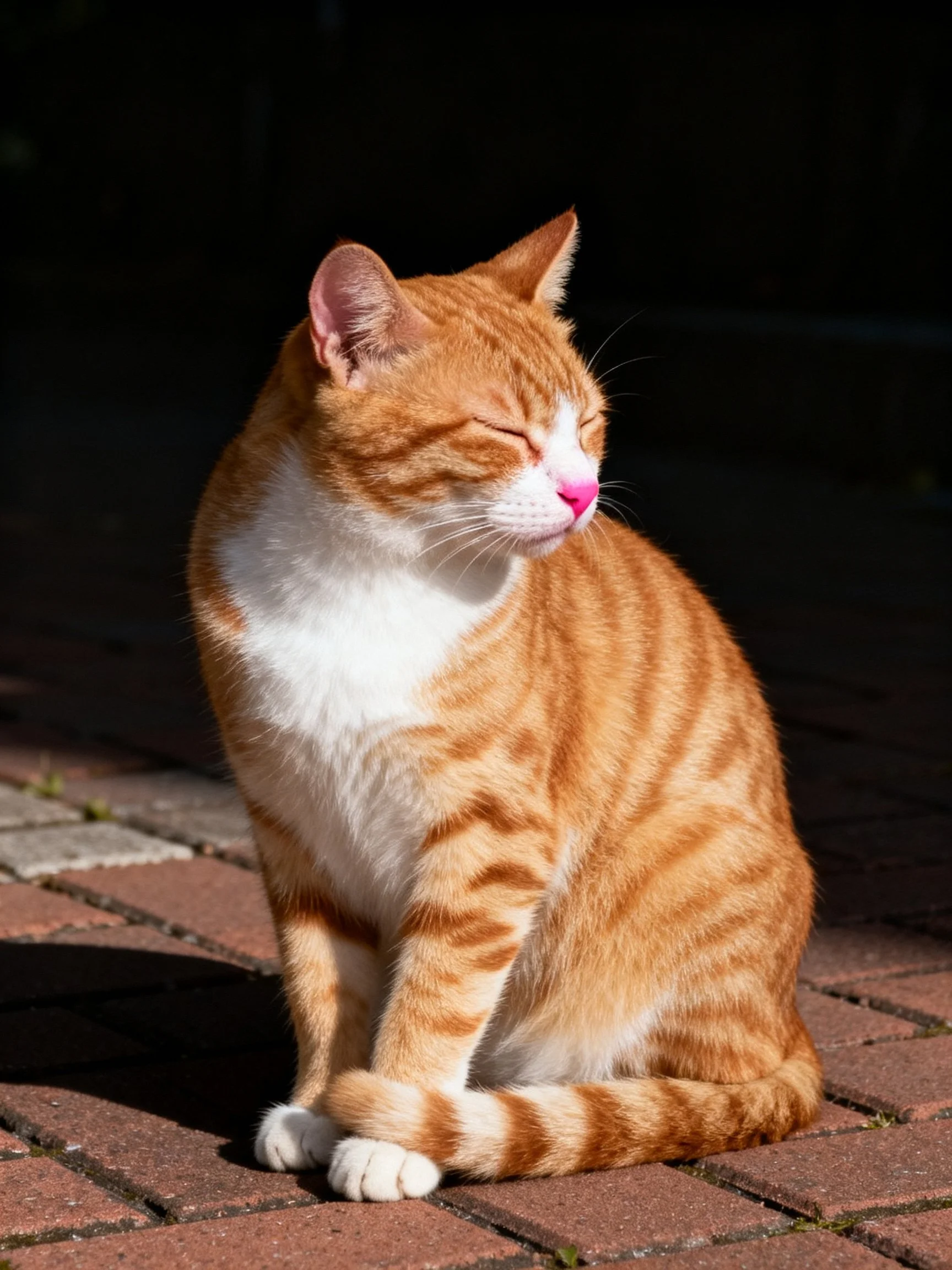 An orange and white tabby cat relaxes on brick pavement.