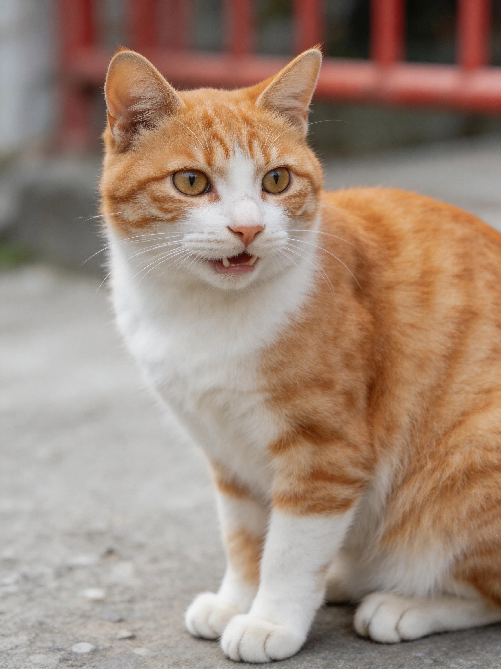 An orange and white tabby cat sits outdoors near a red railing.
