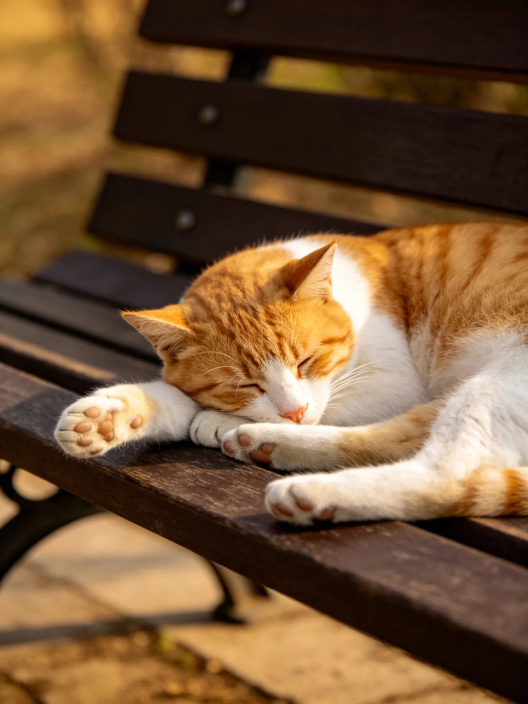 An orange-and-white tabby cat sleeps on a dark wooden park bench