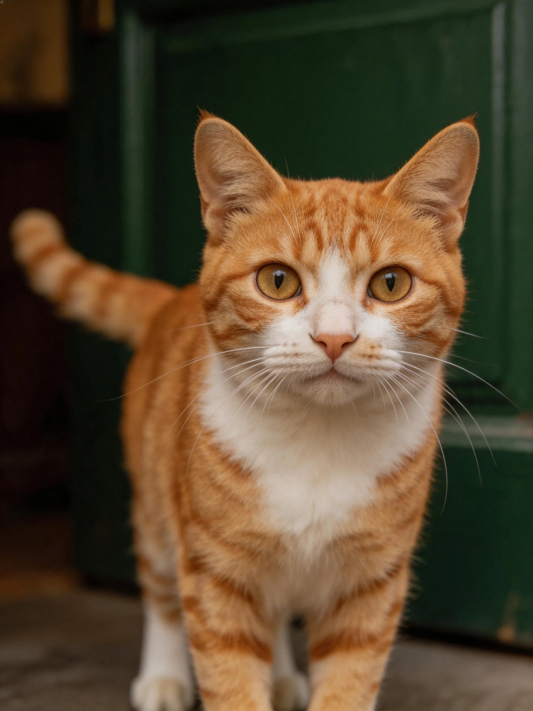 An orange and white tabby cat stands near a dark green wooden door