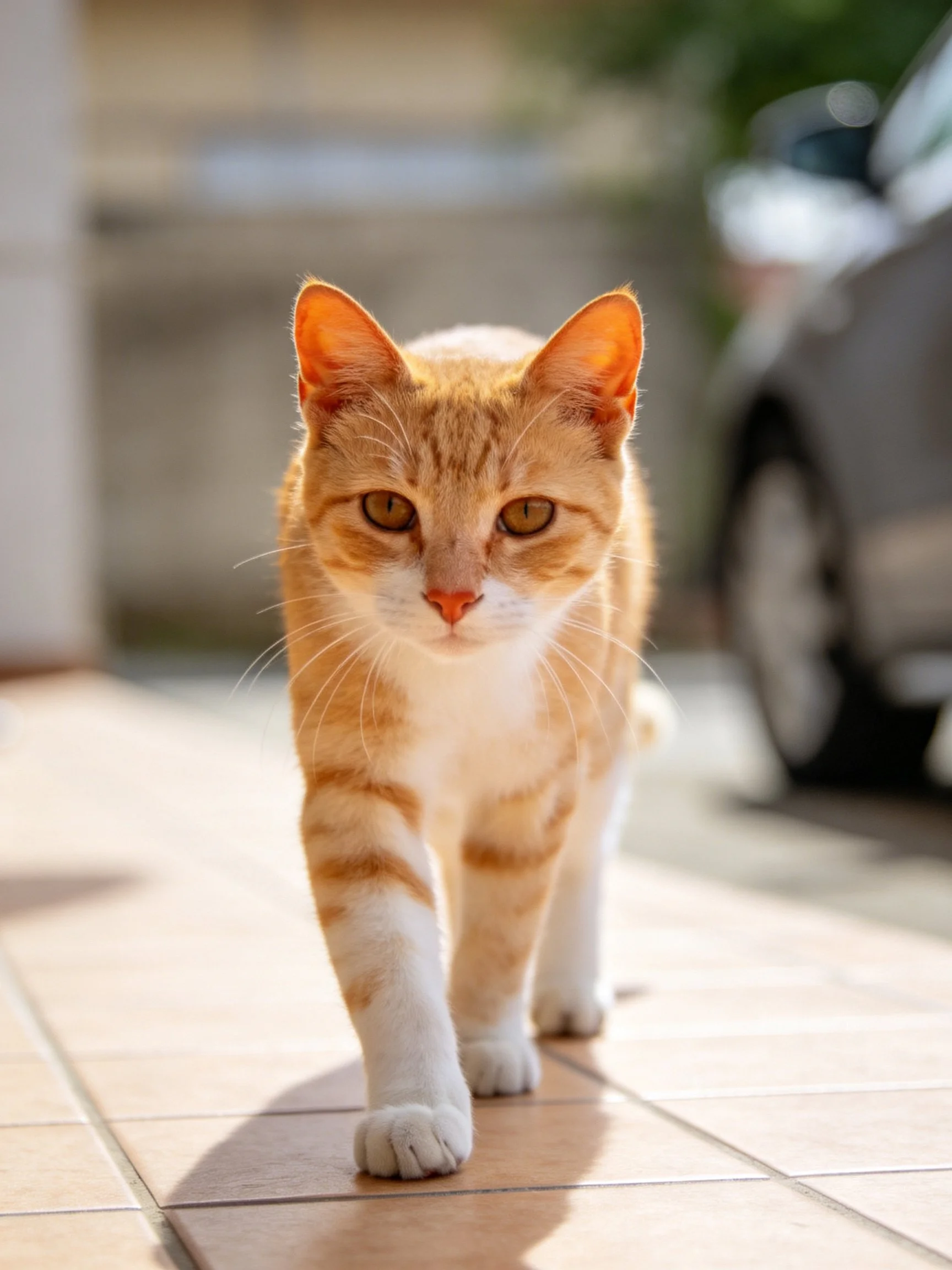 An orange and white tabby cat walks on tiled pavement near a car