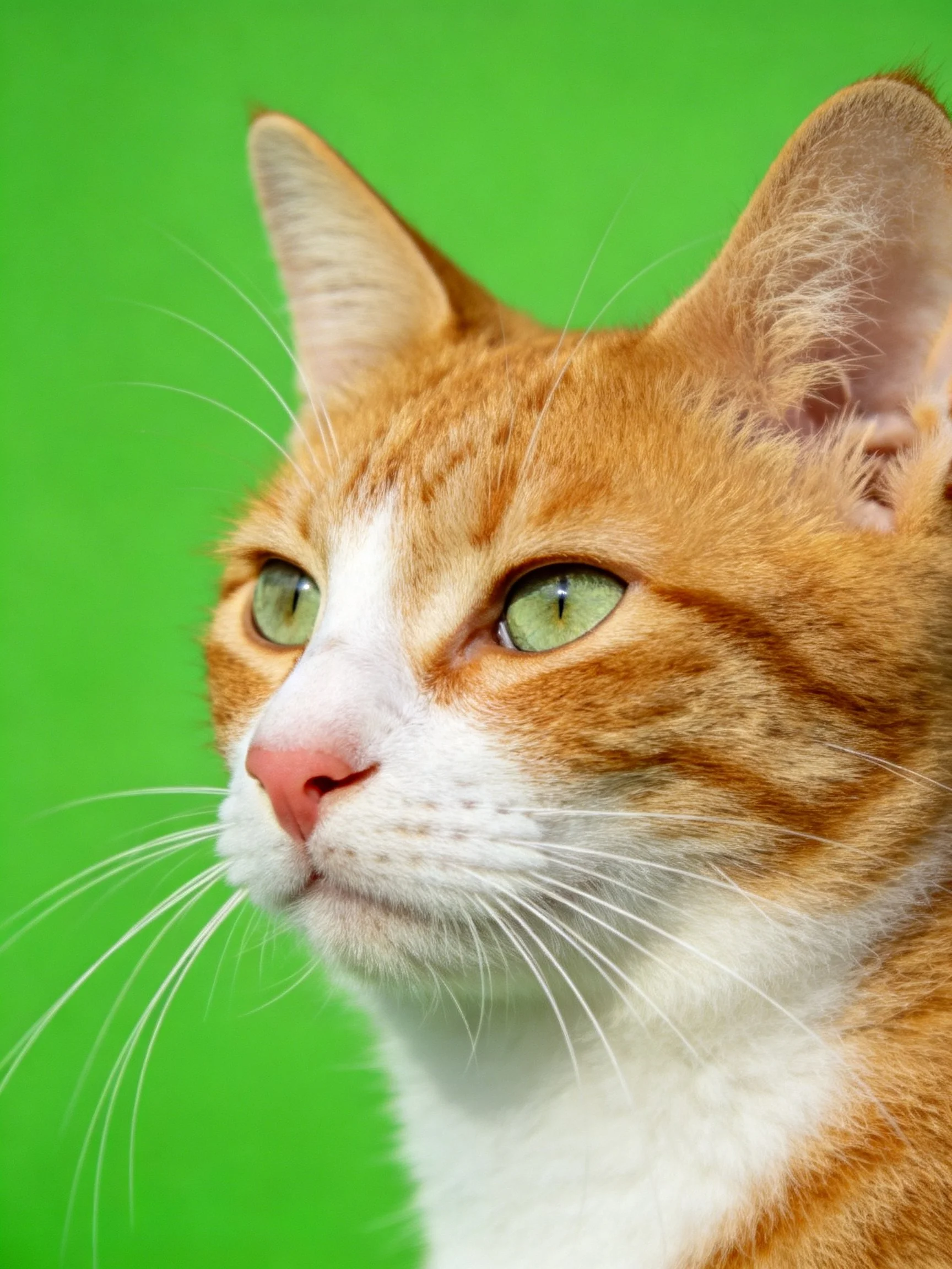 A close - up of an orange and white tabby cat with green eyes against a solid green backdrop.
