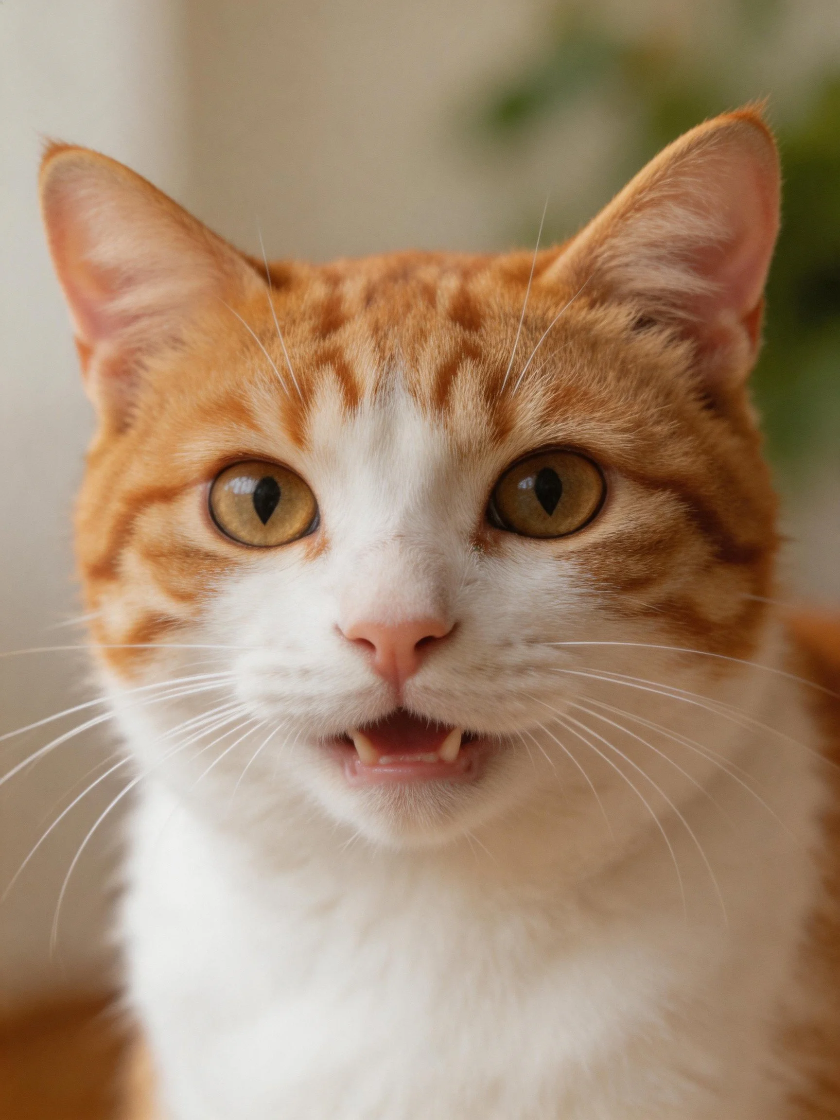 A close - up of an orange and white tabby cat looking directly at the camera with its mouth open.