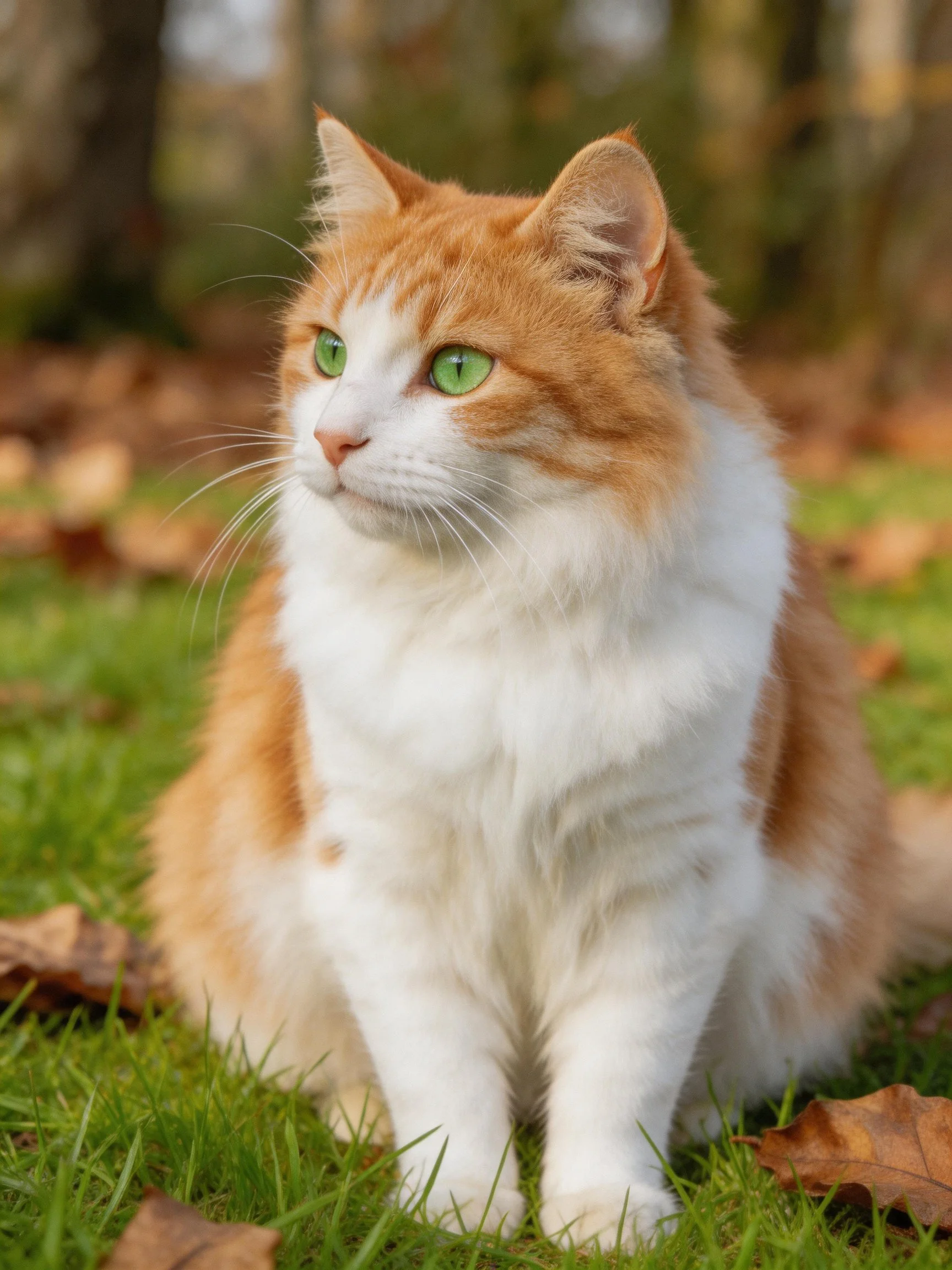 An orange andwhite cat sits on grass amid fallen autumn leaves