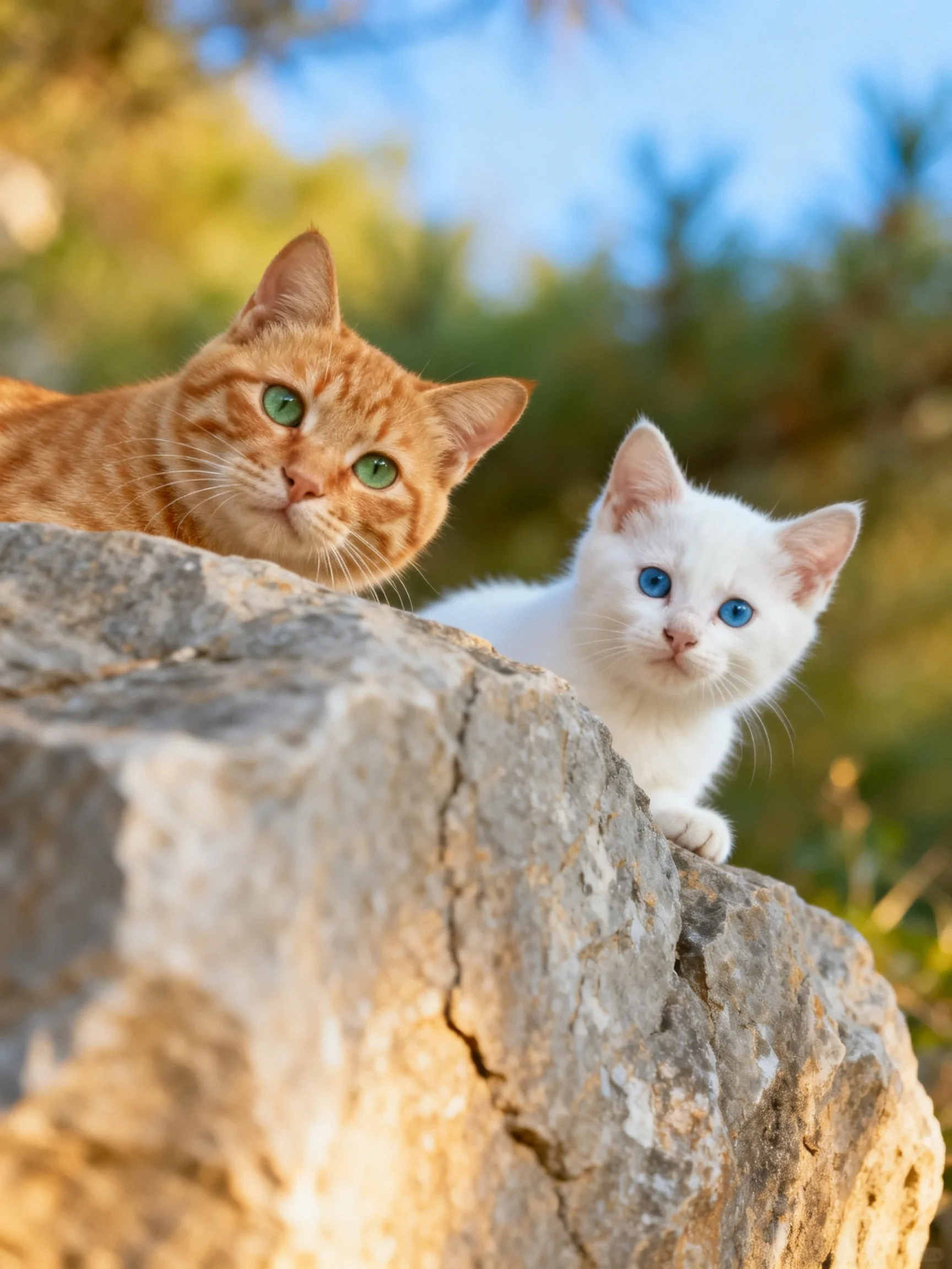 Two cats, one orange and one white, peek from behind a large rock outdoors.