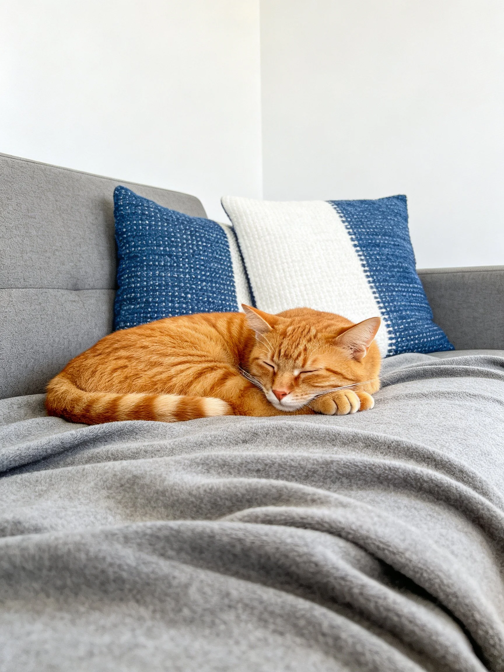An orange cat curls up asleep on a gray couch with blue and white pillows