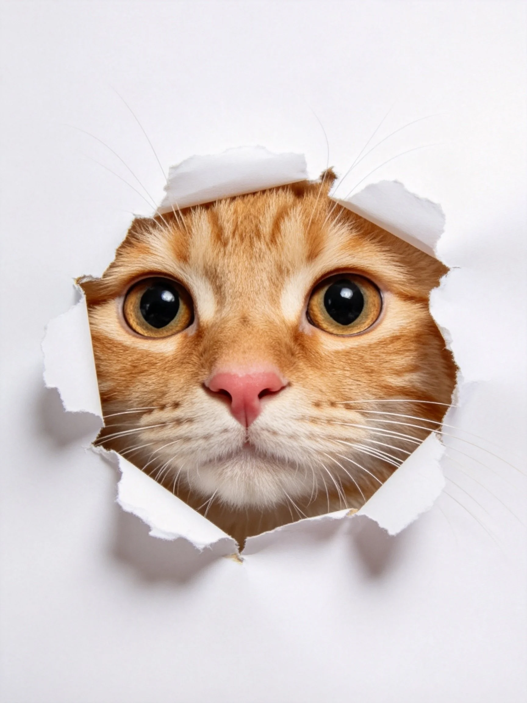 An orange cat looks through a torn white paper hole