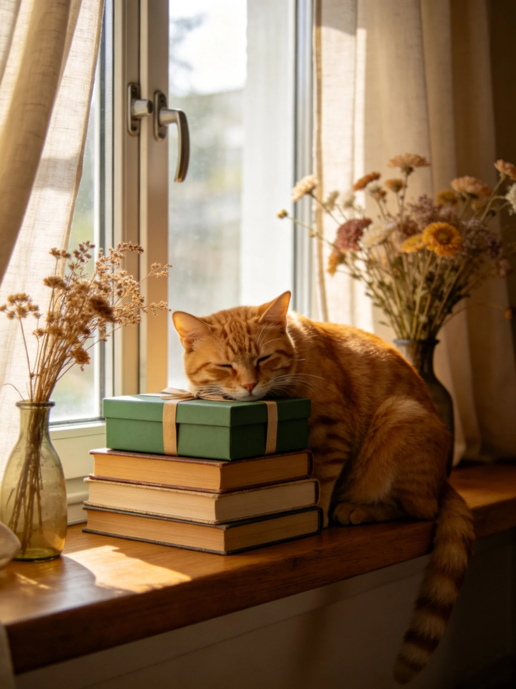 An orange cat naps atop stacked books and a green gift box near dried flowers by a sunlit window.