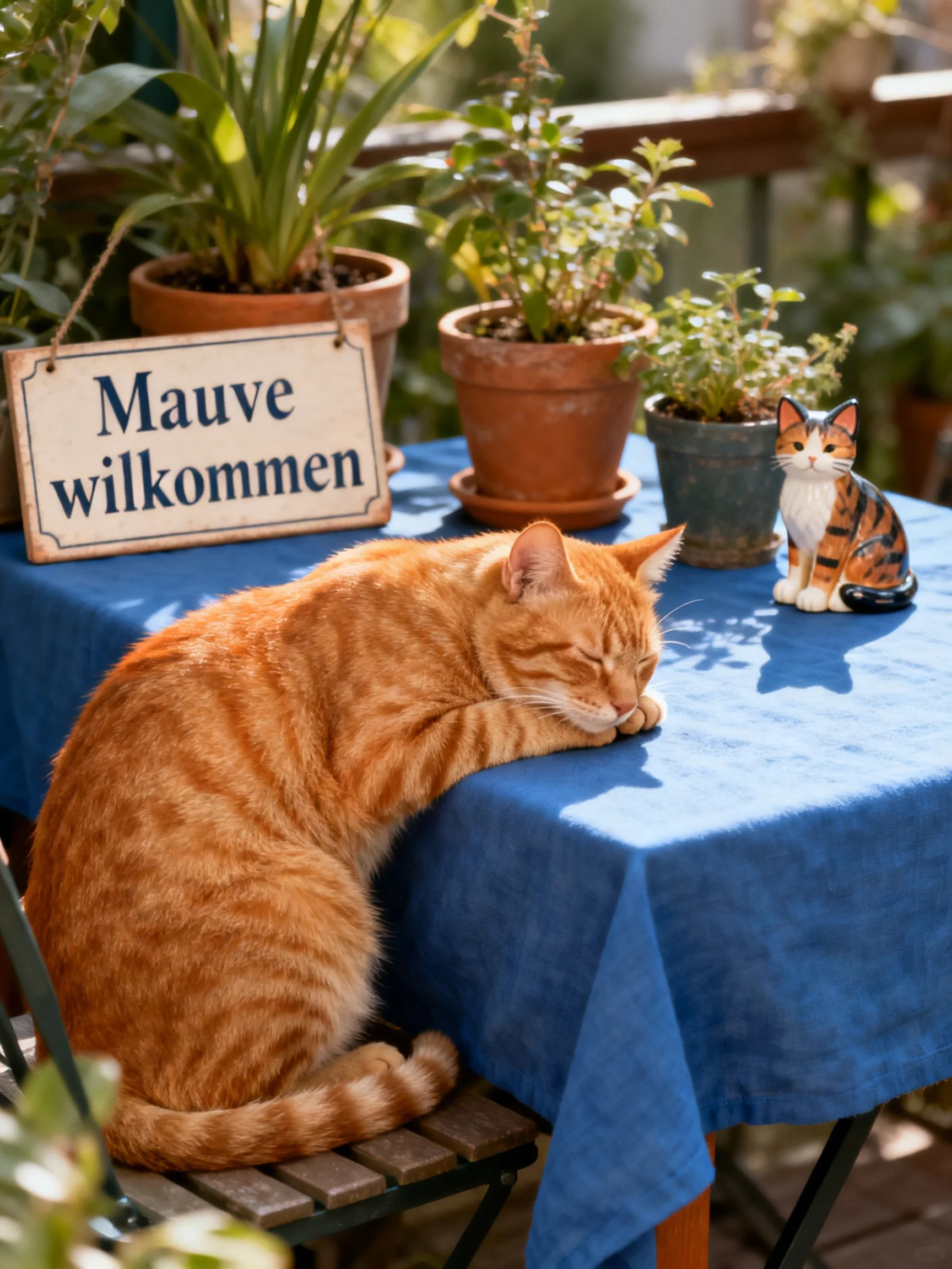 An orange cat naps on a blue table with potted plants