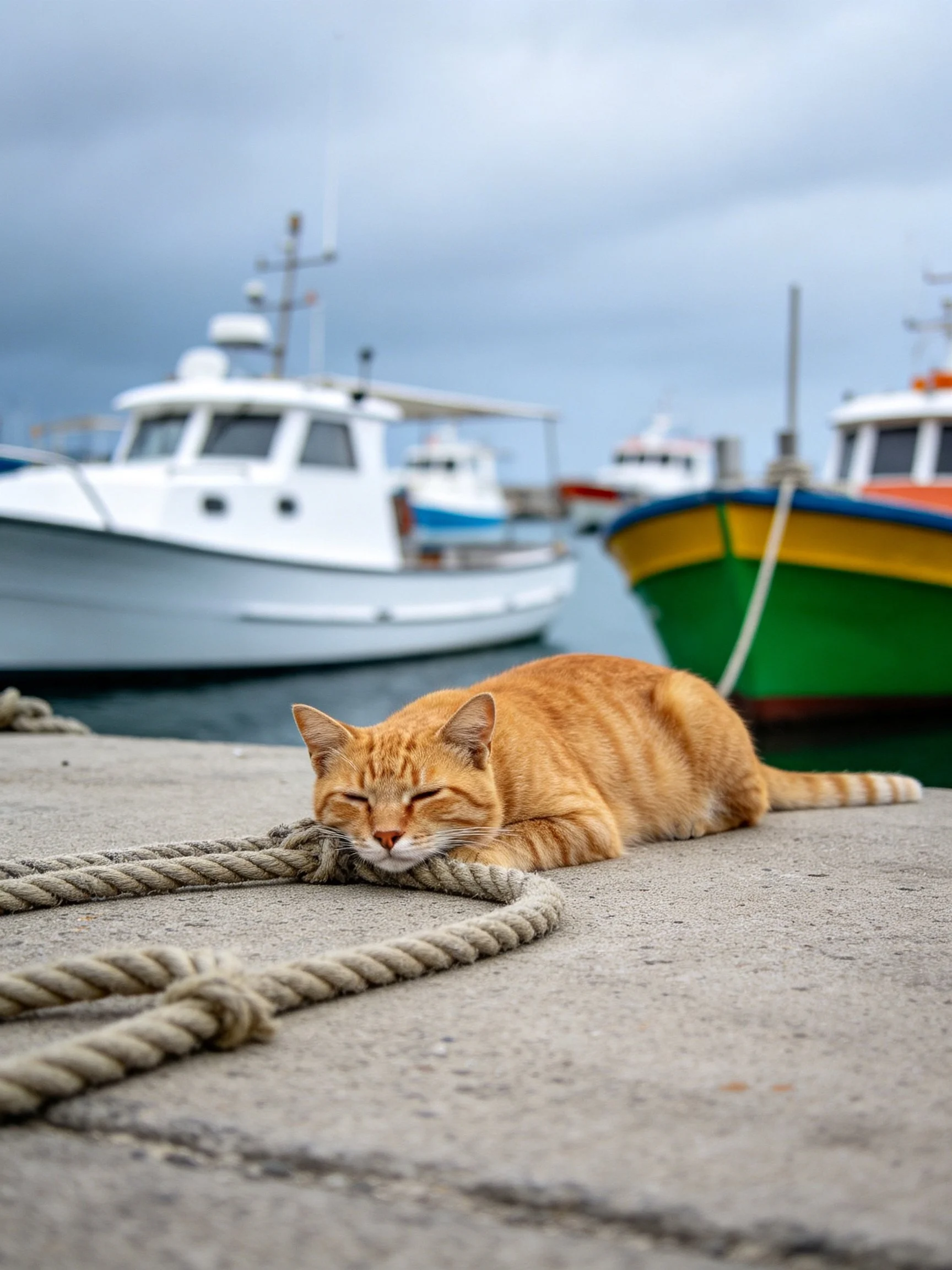 An orange cat relaxes near colorful boats at a harbor.