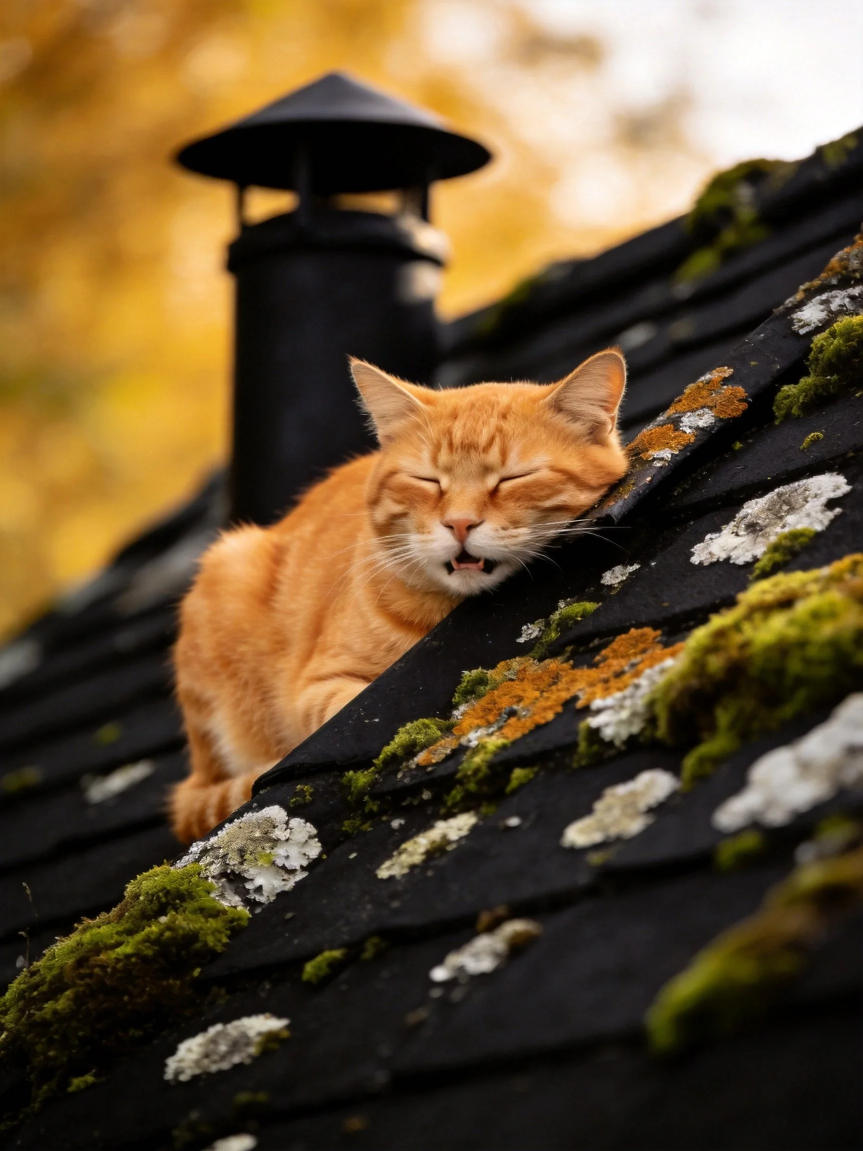 An orange cat relaxes on a moss-covered roof near a chimney