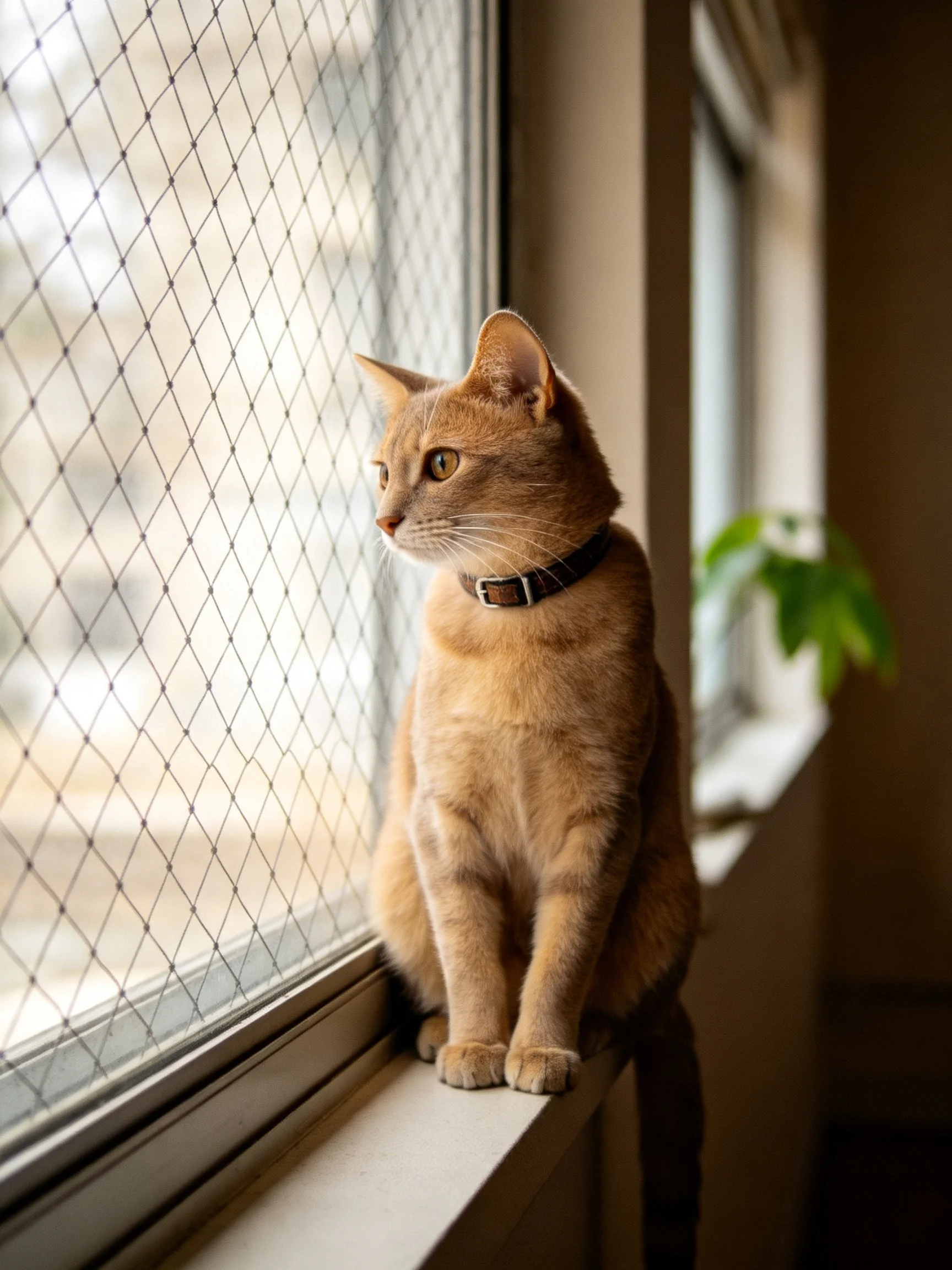An orange cat observes outside from a windowsill near a wire-screened window.