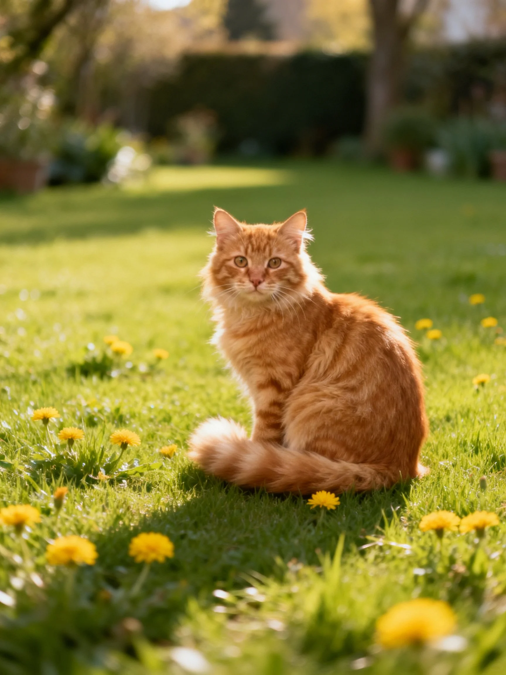 An orange cat sits on a grassy lawn with yellow flowers