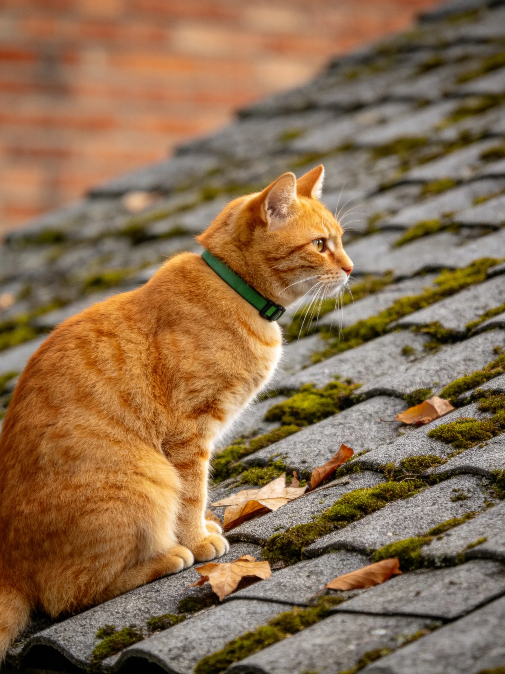 An orange cat sits on a moss-covered roof with fallen leaves
