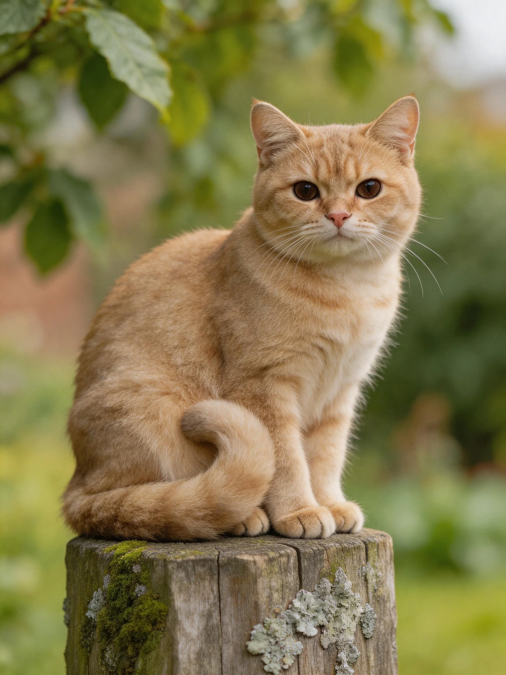 An orange cat sits on a mossy wooden post surrounded by greenery