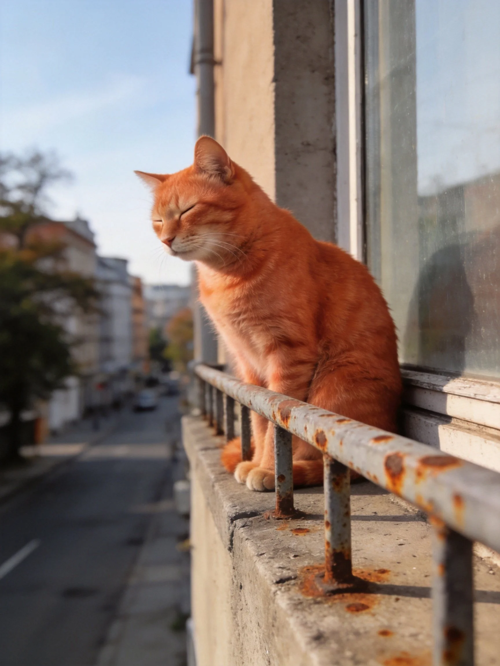 An orange cat sits on a weathered window ledge with a rusted railing