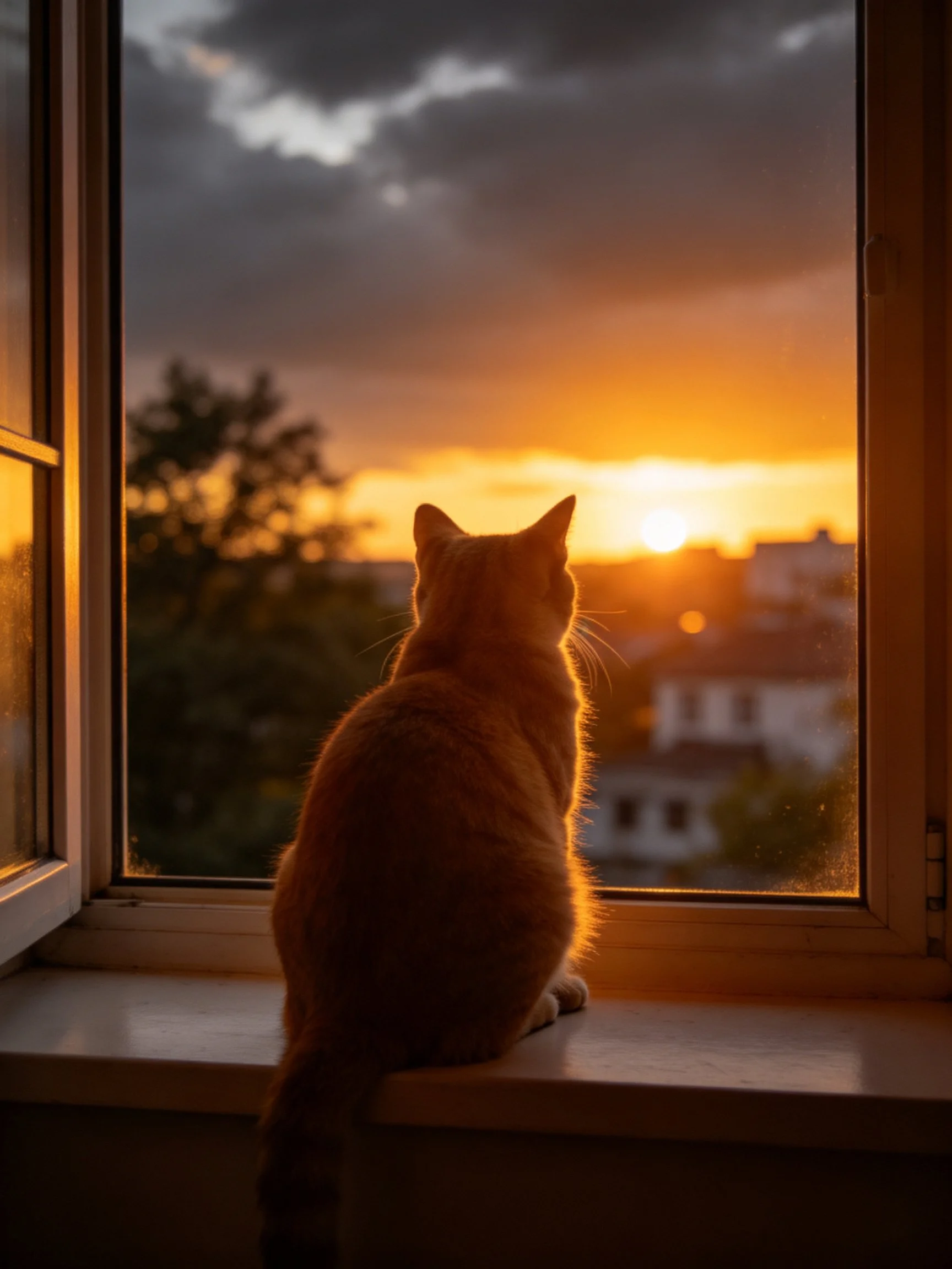 An orange cat sits on a windowsill watching a golden sunset